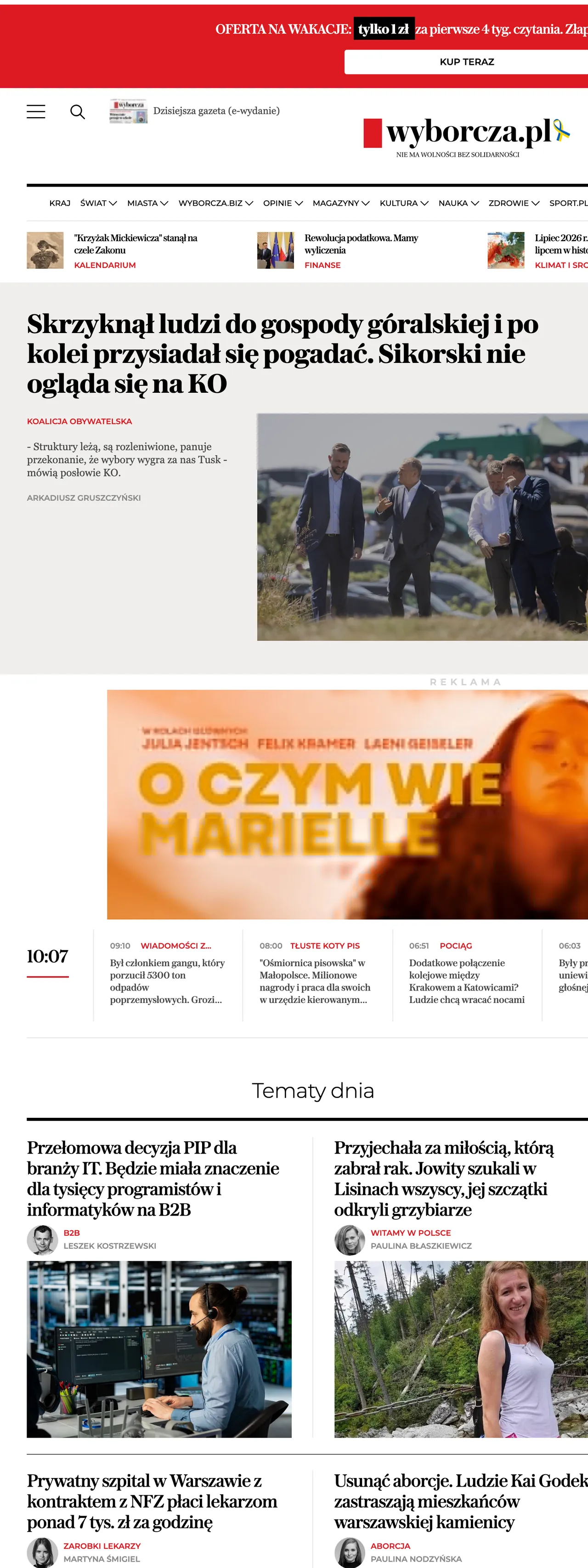 Screenshot of the Wyborcza front page