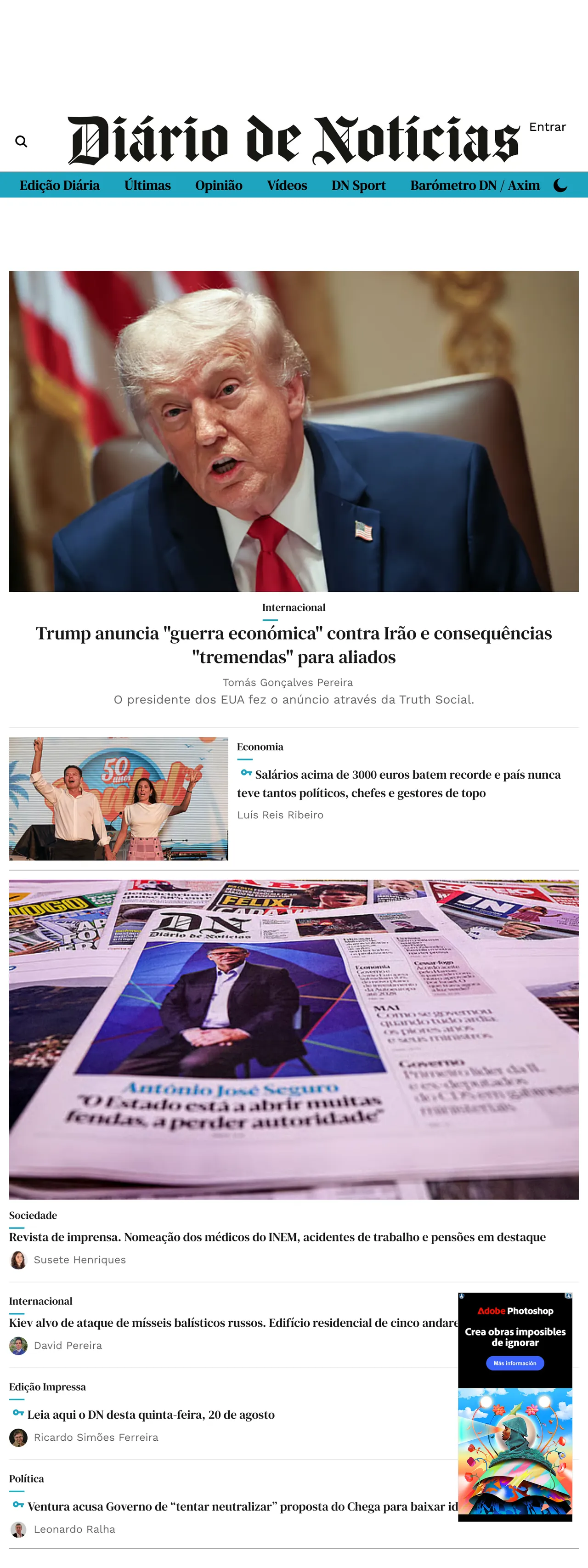 Screenshot of the Diário de Notícias front page