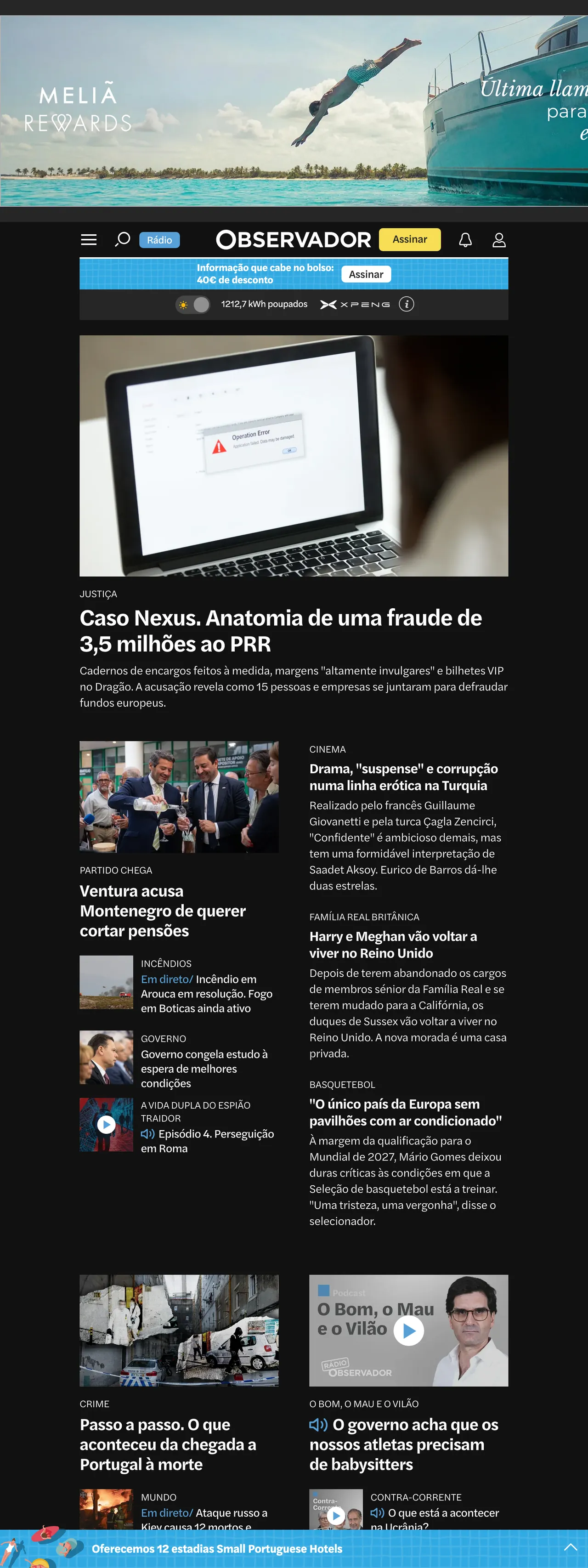 Screenshot of the Observador front page