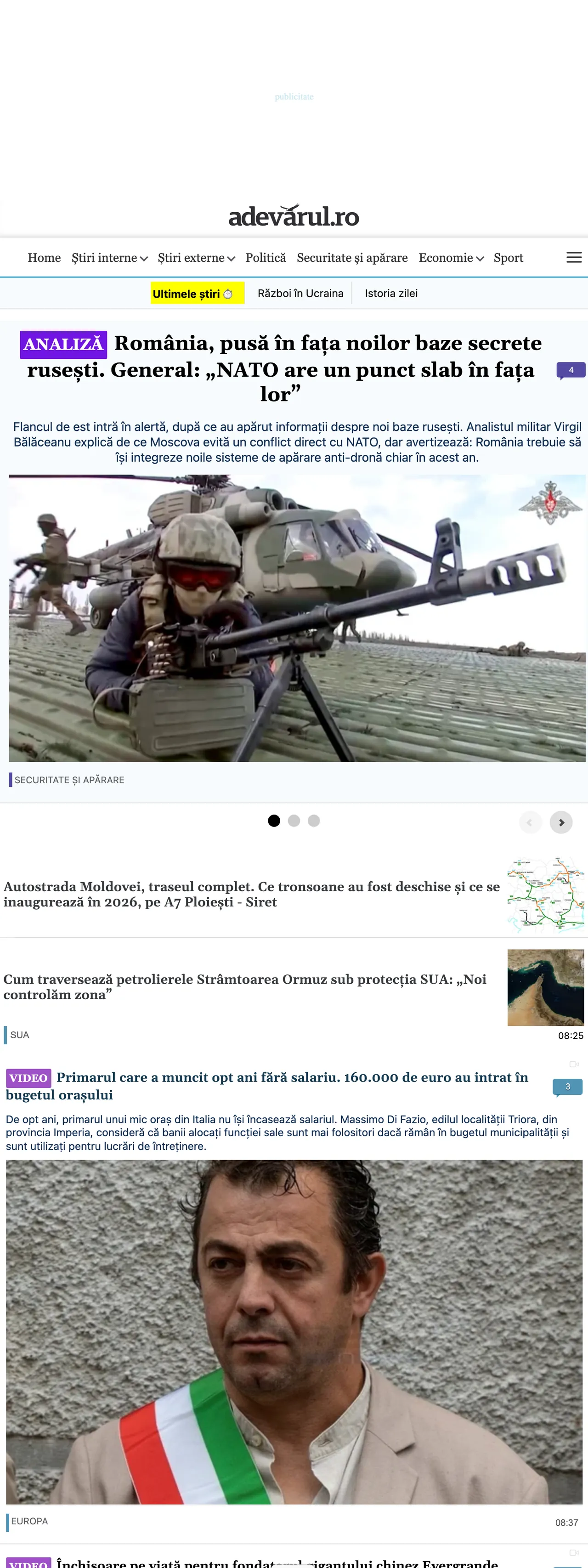 Screenshot of the Adevărul front page