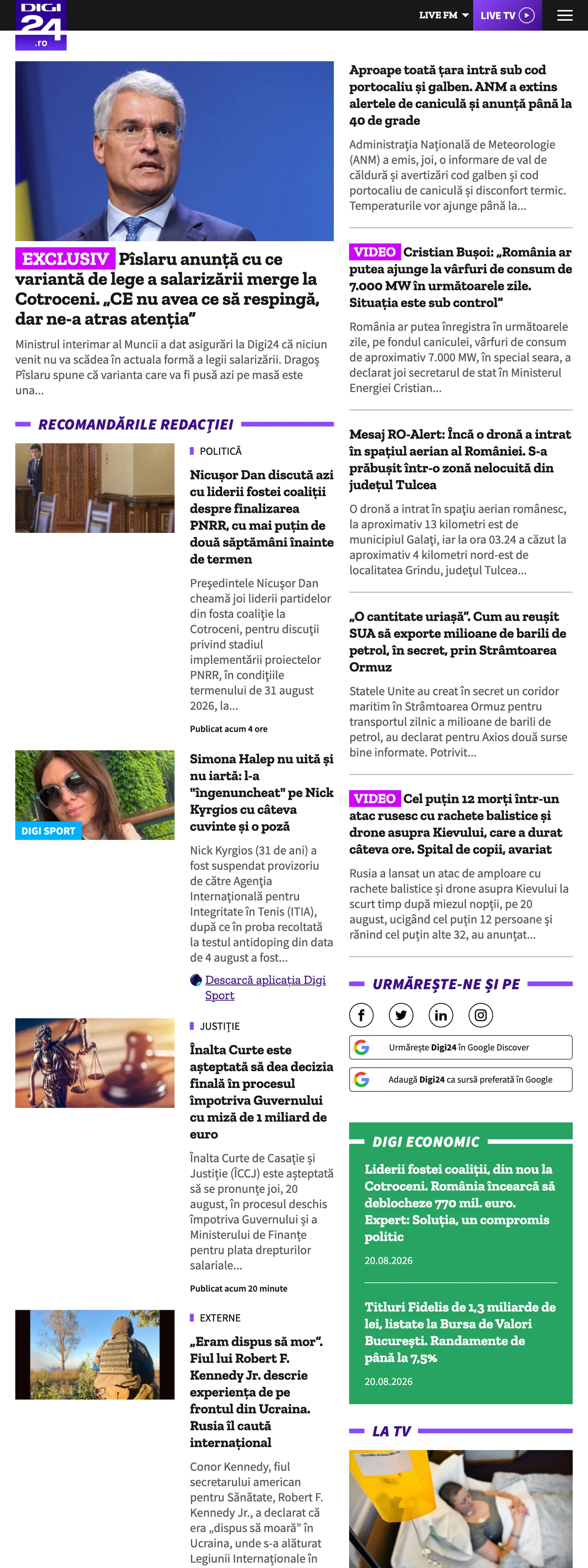 Screenshot of the Digi24 front page
