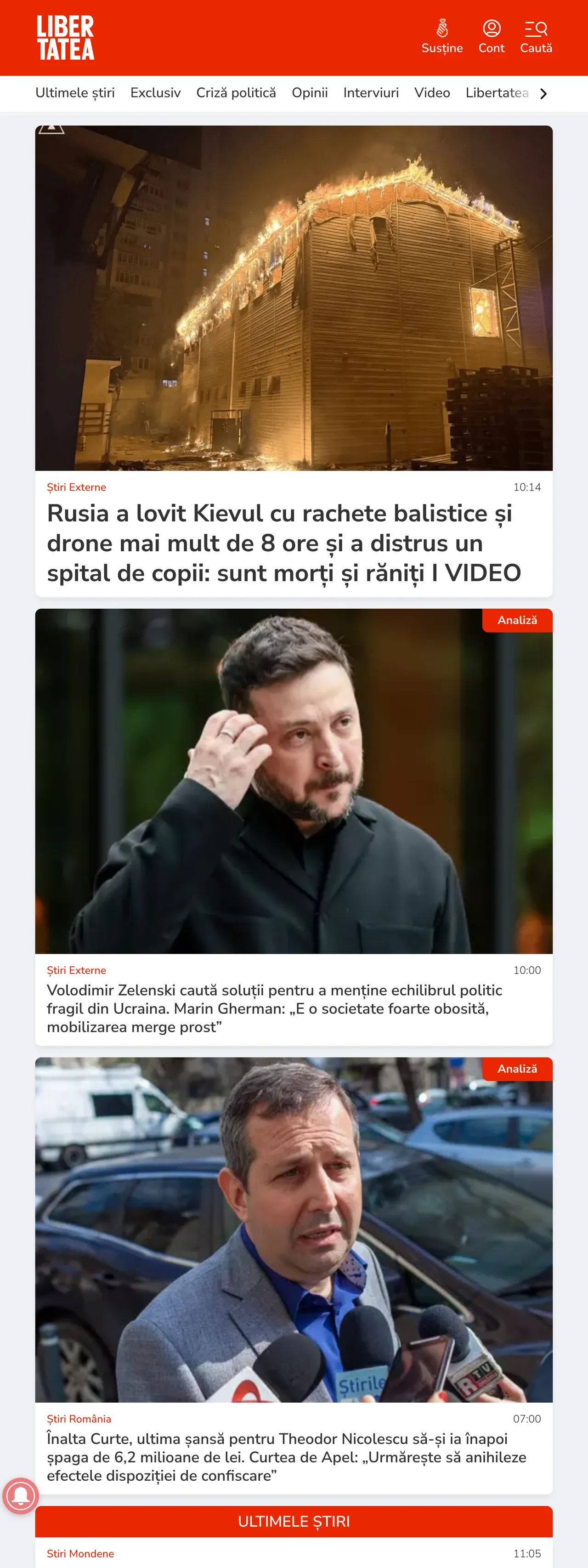 Screenshot of the Libertatea front page