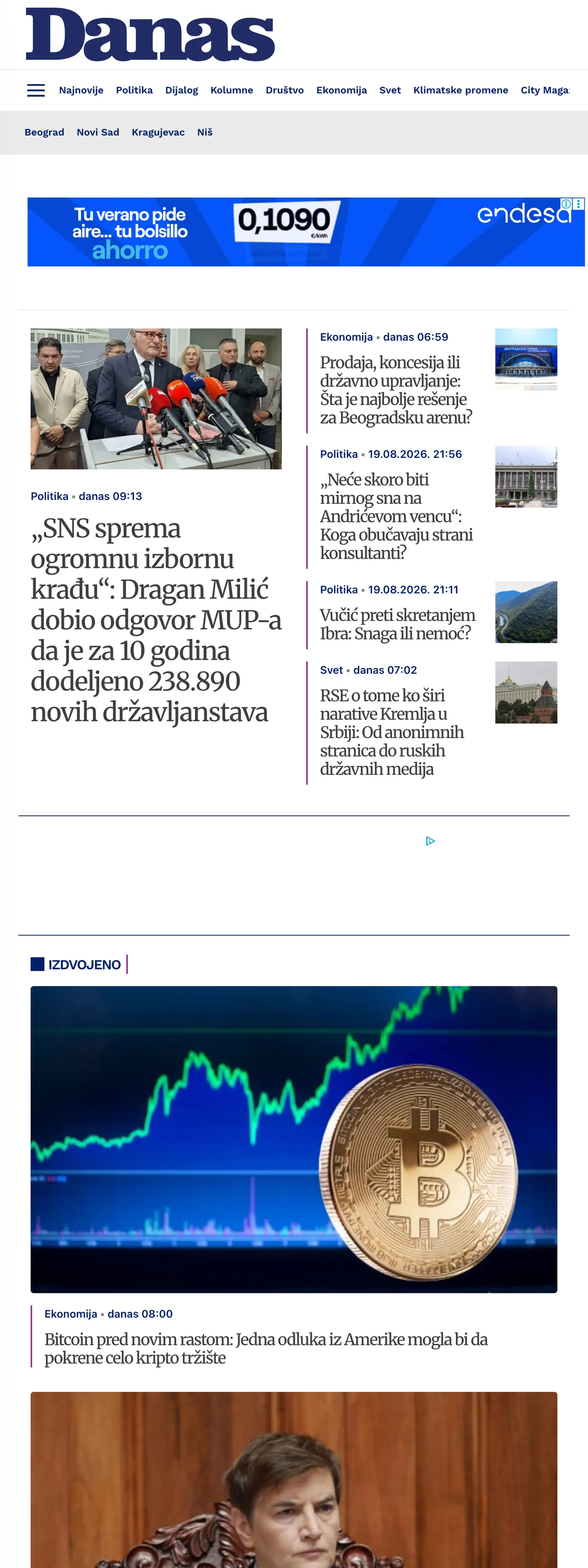 Screenshot of the Danas front page