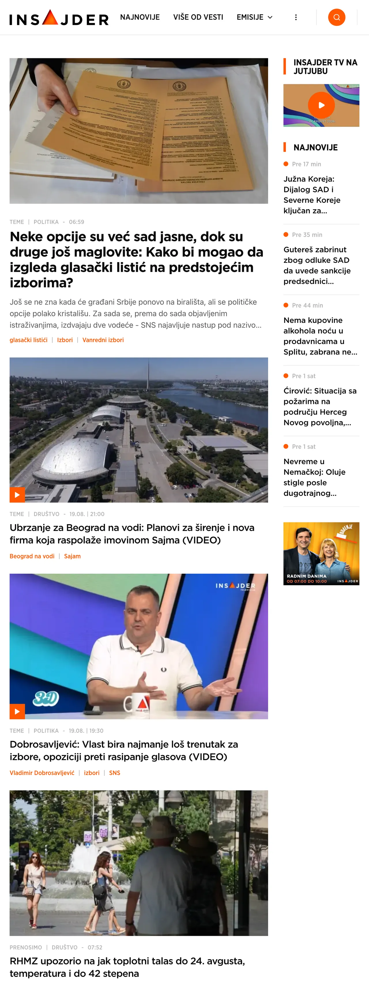 Screenshot of the Insajder front page