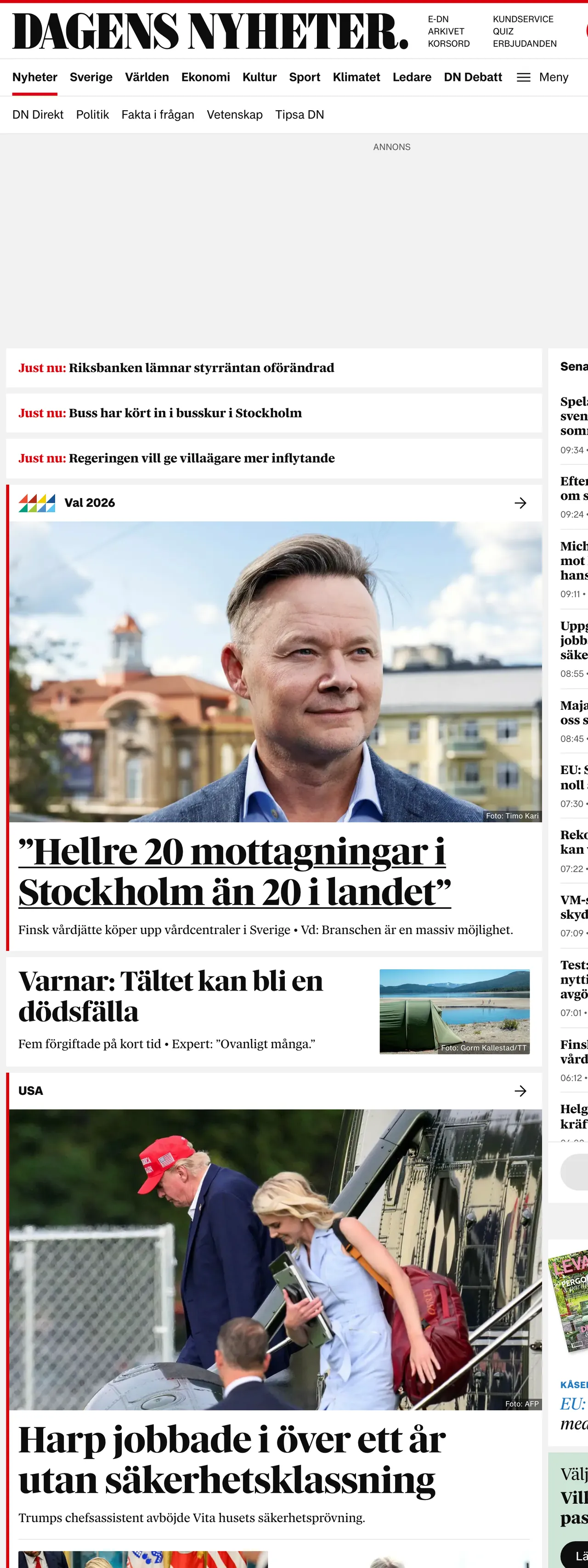 Screenshot of the Dagens Nyheter front page