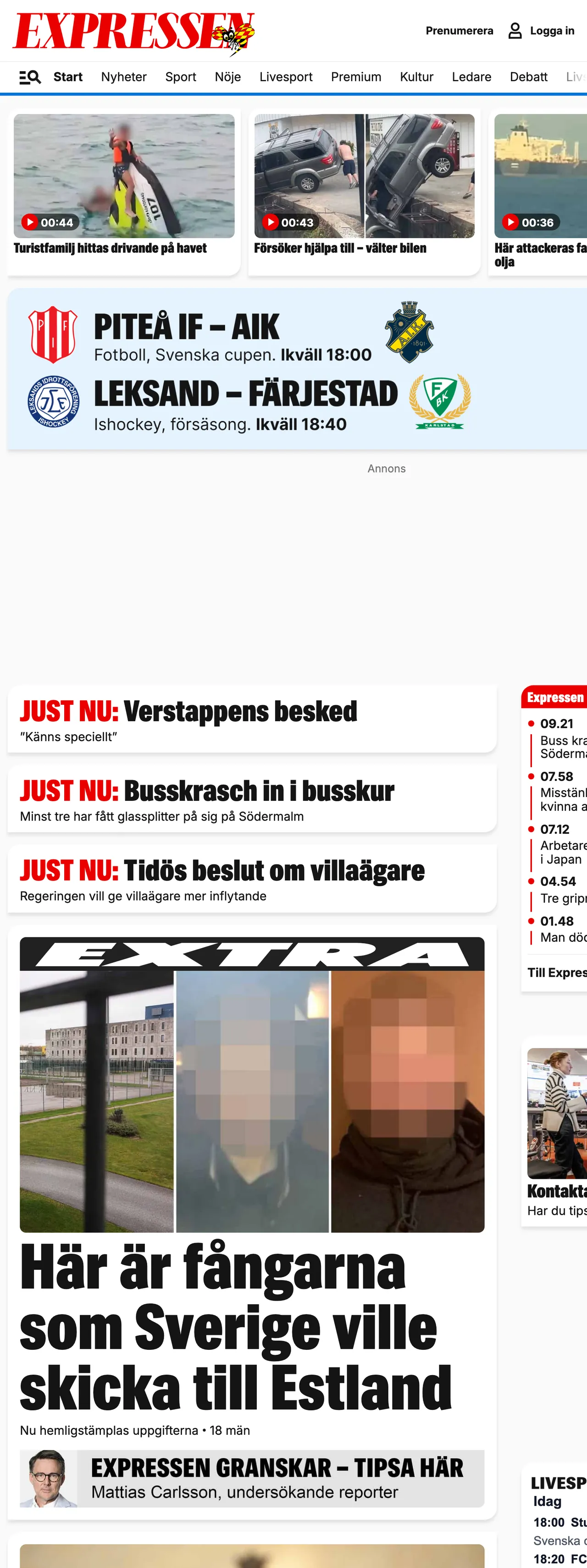 Screenshot of the Expressen front page