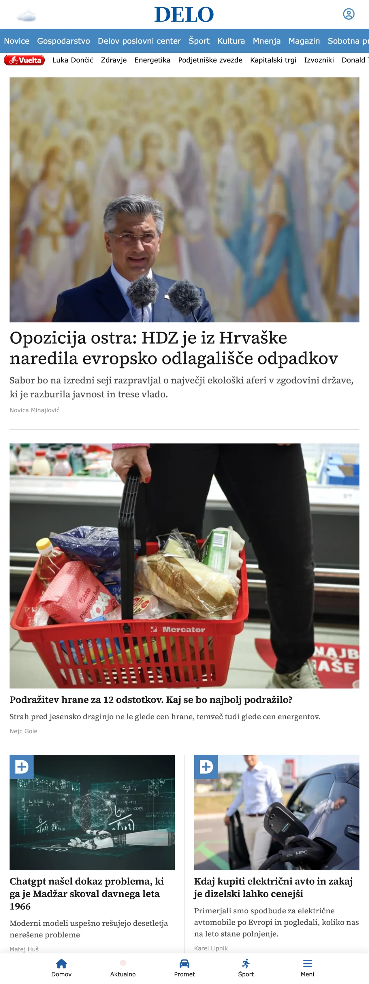 Screenshot of the Delo front page