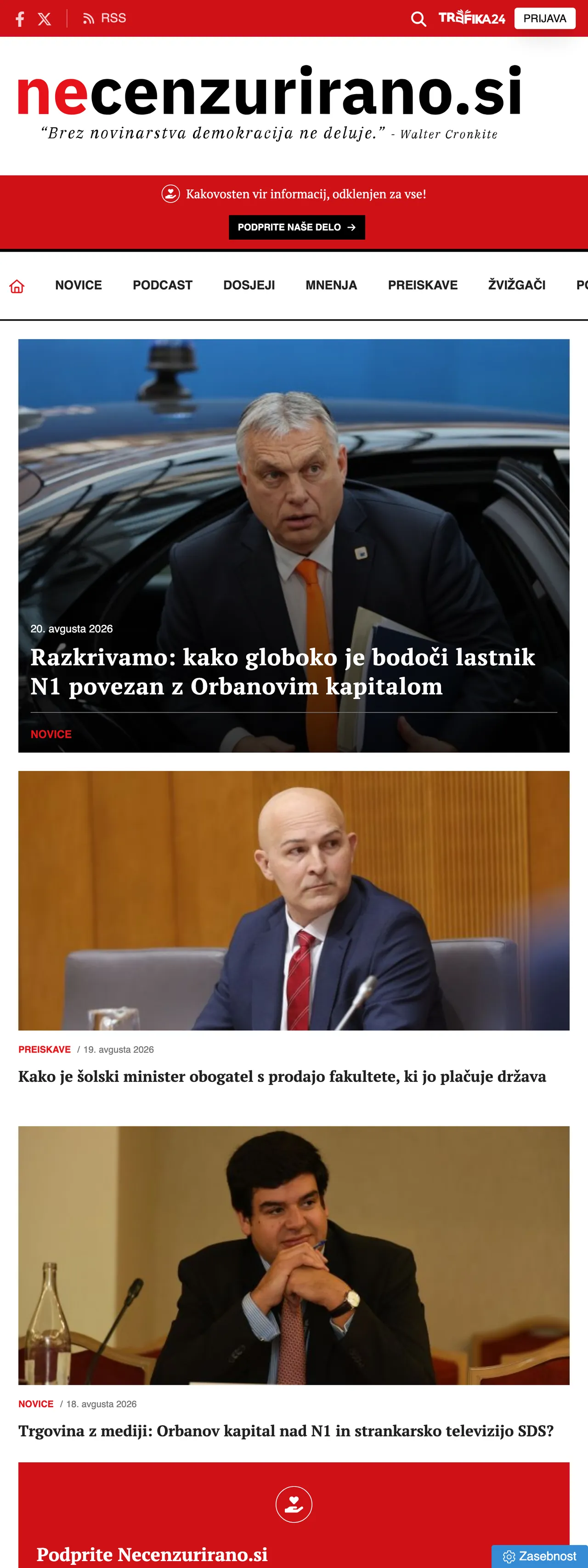 Screenshot of the Necenzurirano front page