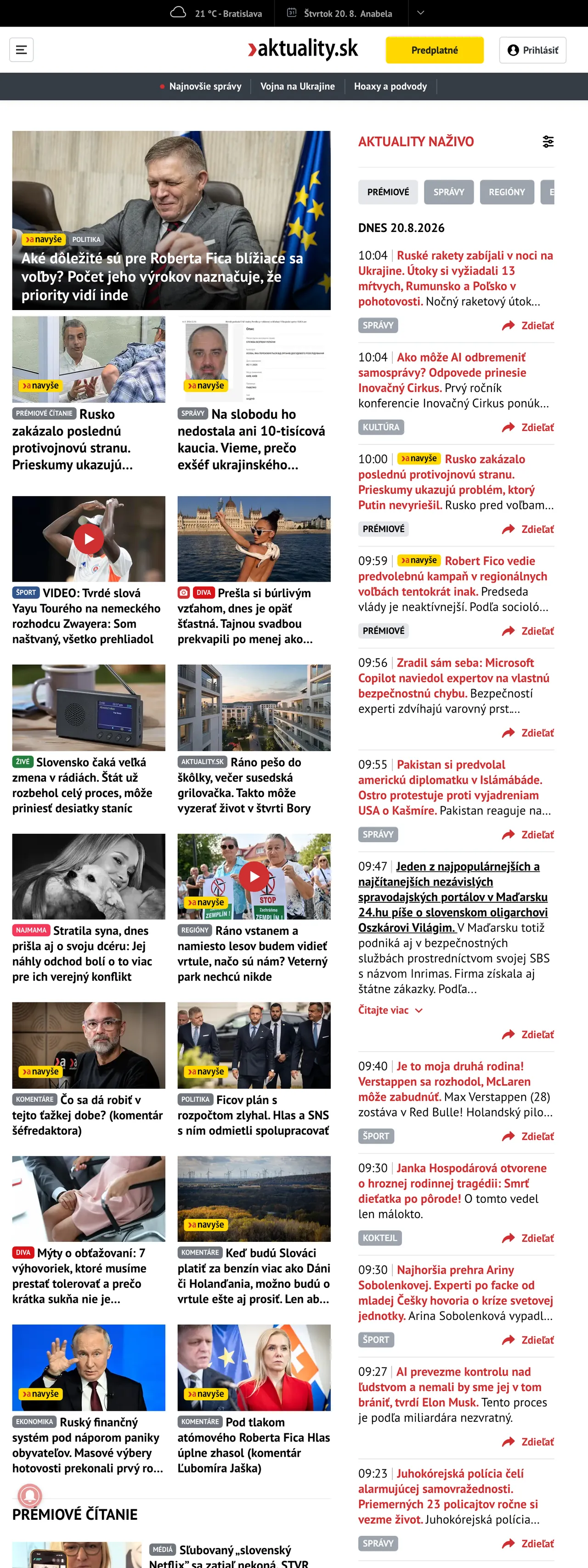 Screenshot of the Aktuality.sk front page