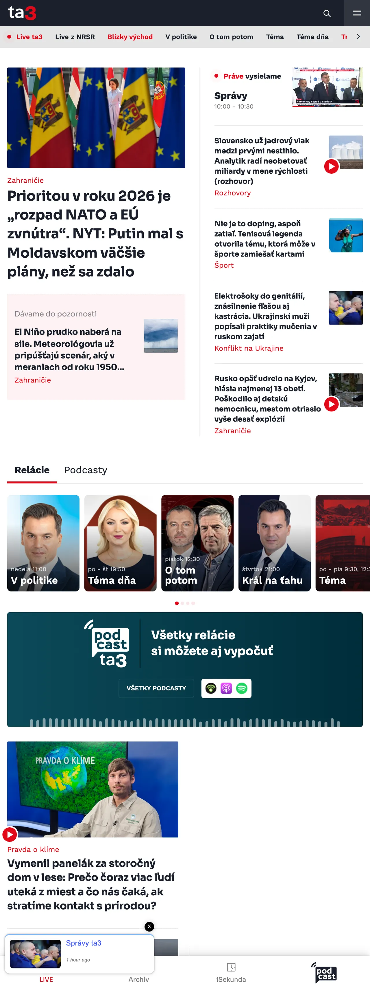 Screenshot of the TA3 front page
