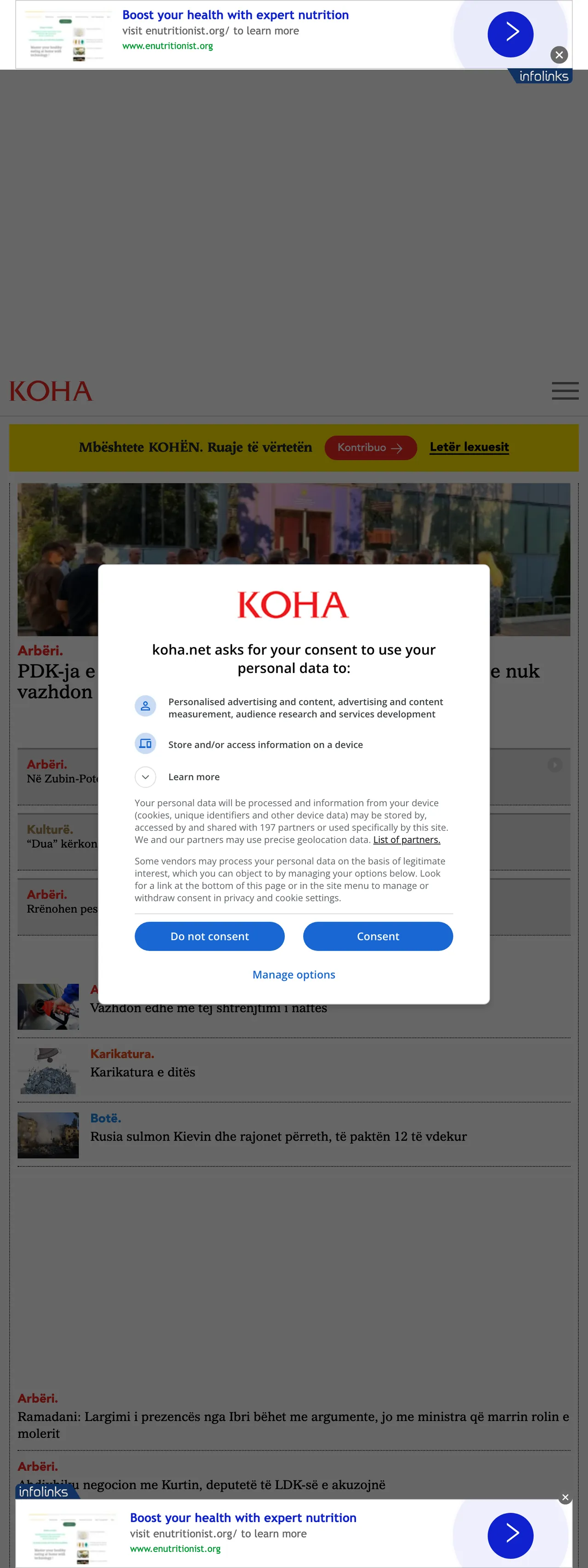 Screenshot of the Koha Ditore front page