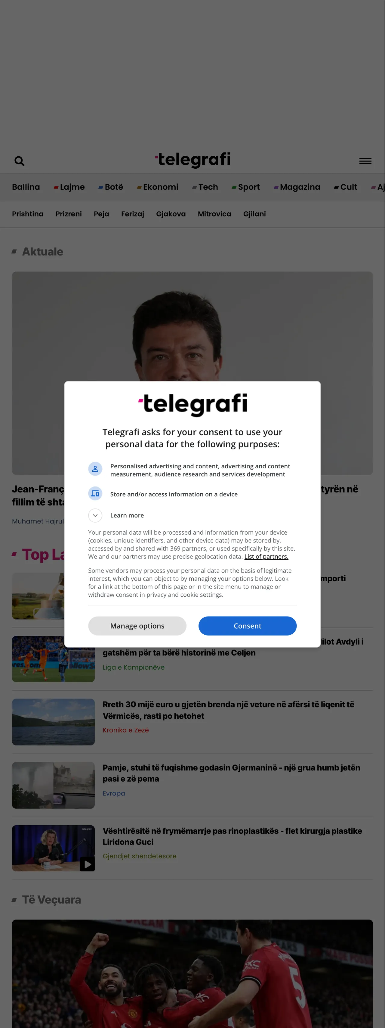 Screenshot of the Telegrafi front page