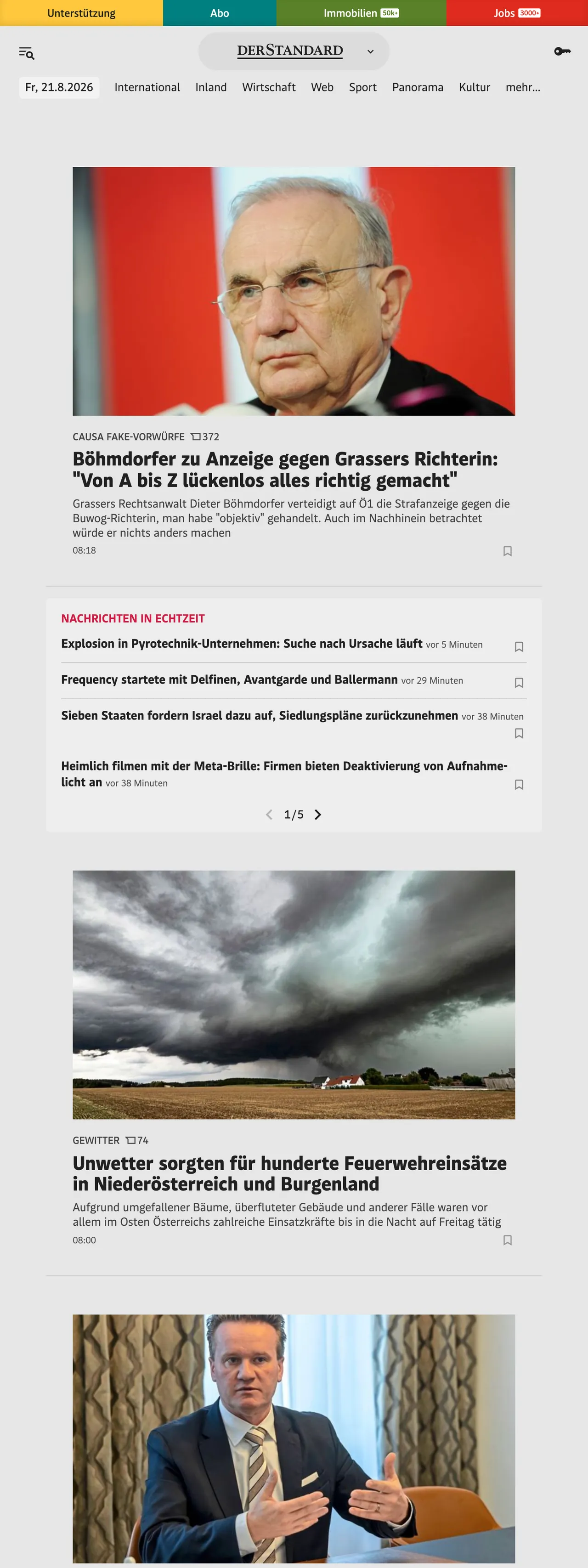 Screenshot of the DER STANDARD front page