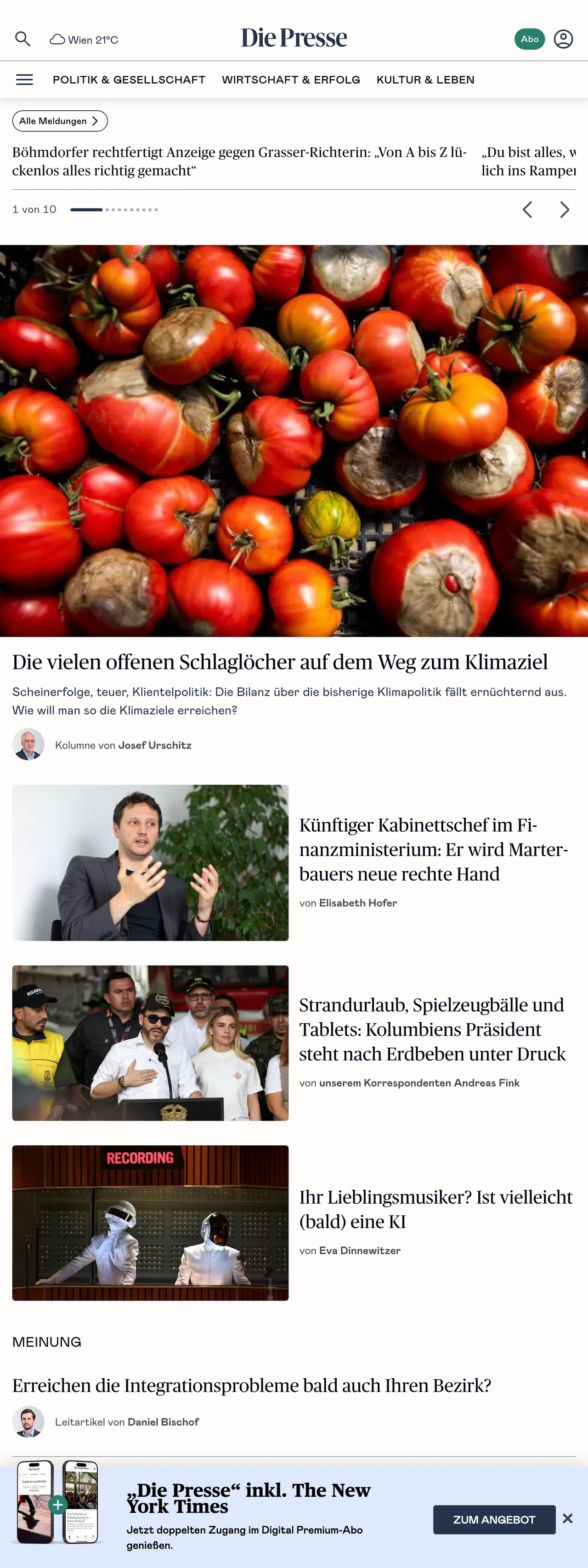 Screenshot of the Die Presse front page