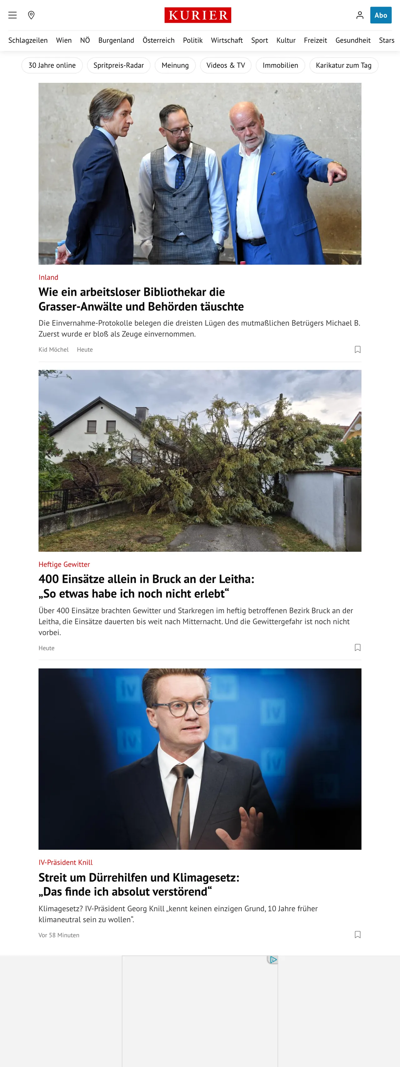 Screenshot of the Kurier front page