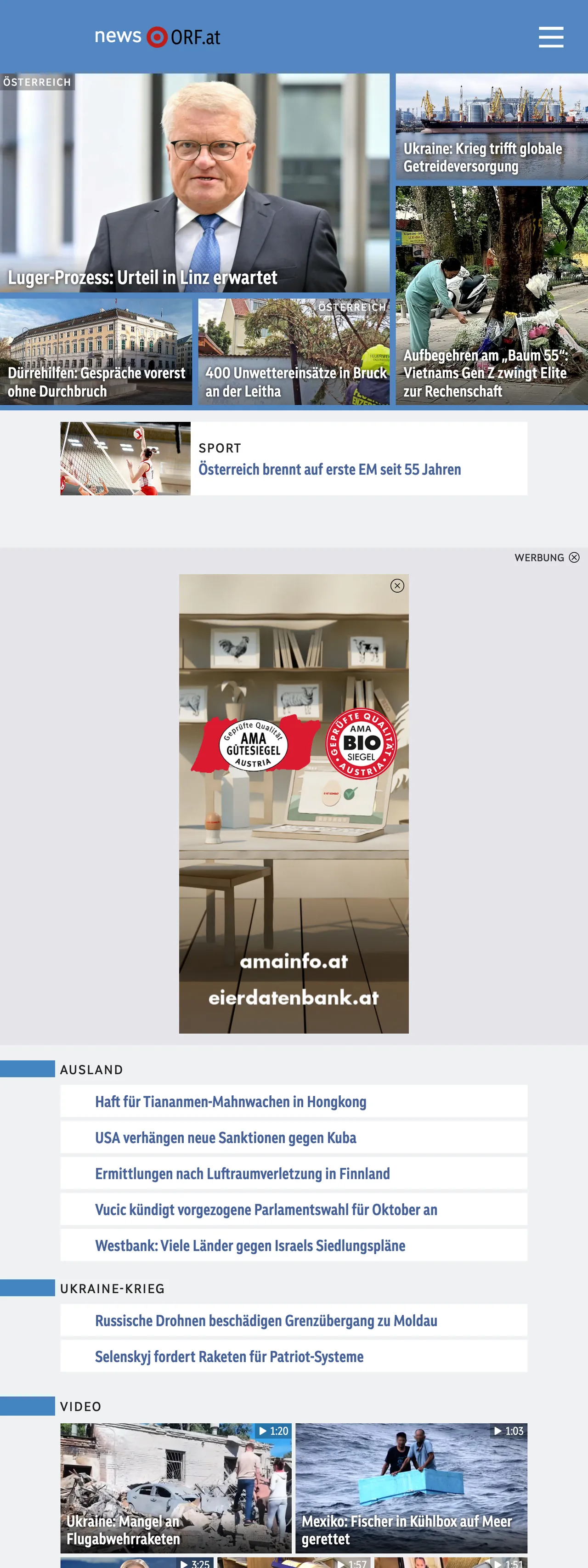 Screenshot of the ORF front page