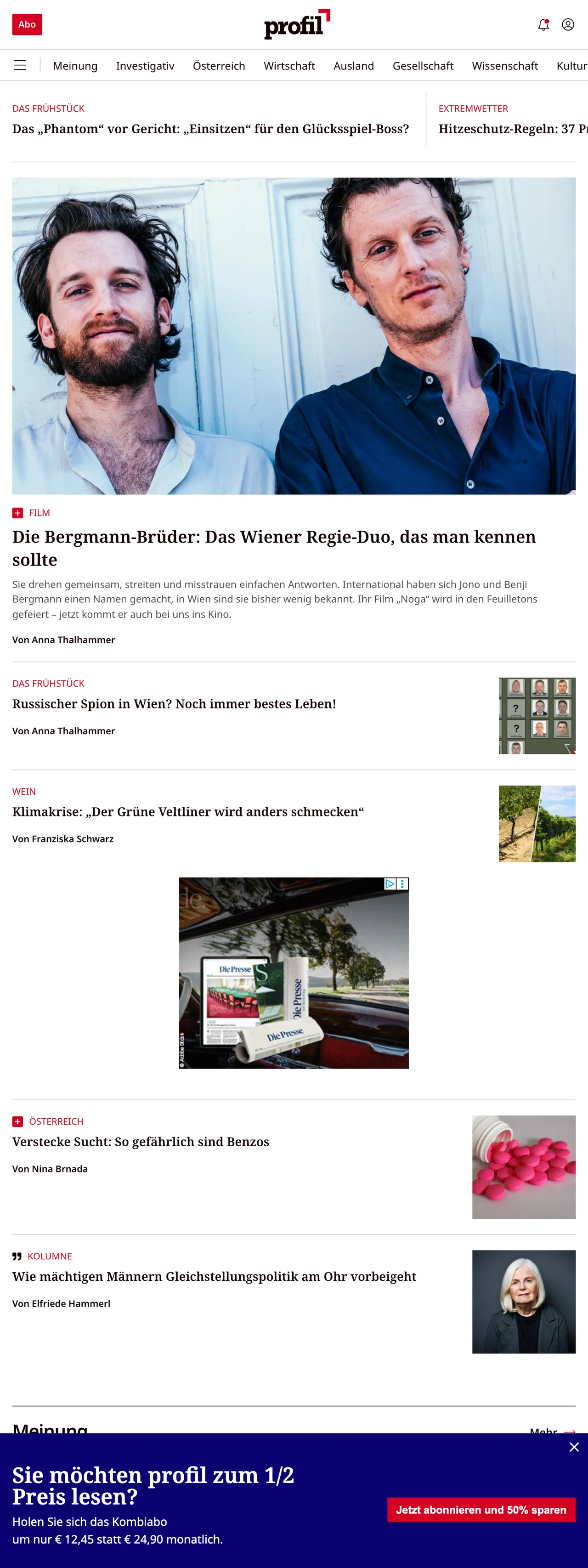 Screenshot of the profil front page