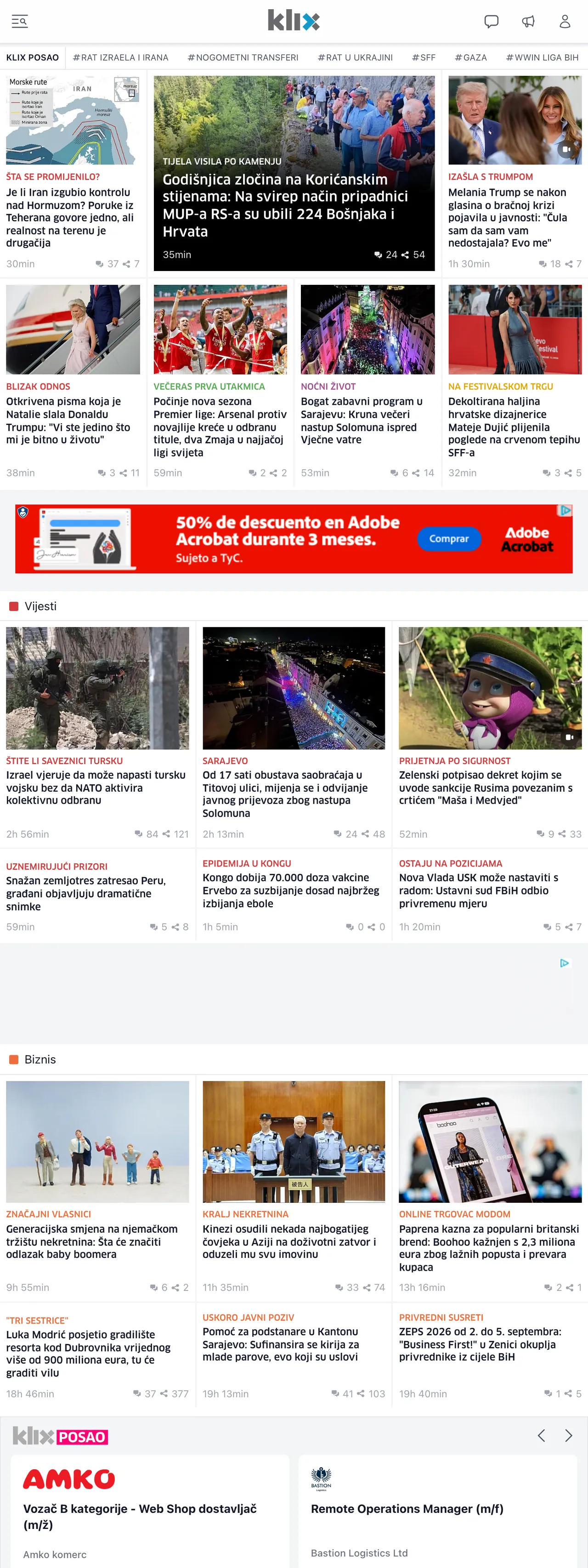 Screenshot of the Klix.ba front page