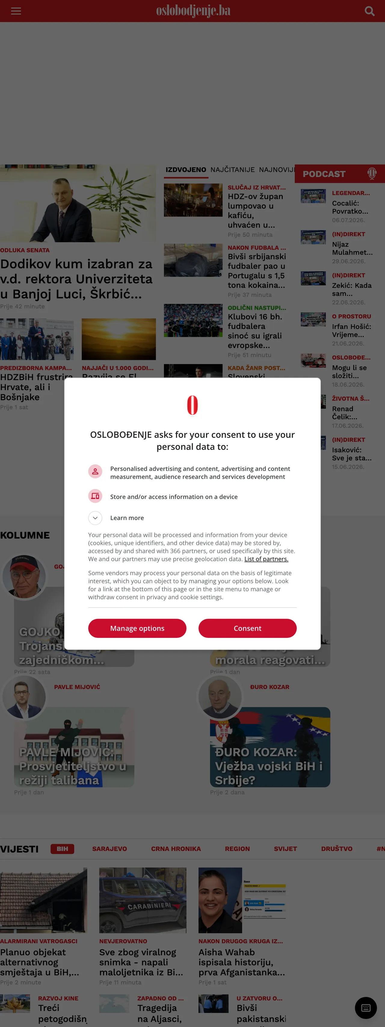 Screenshot of the Oslobođenje front page