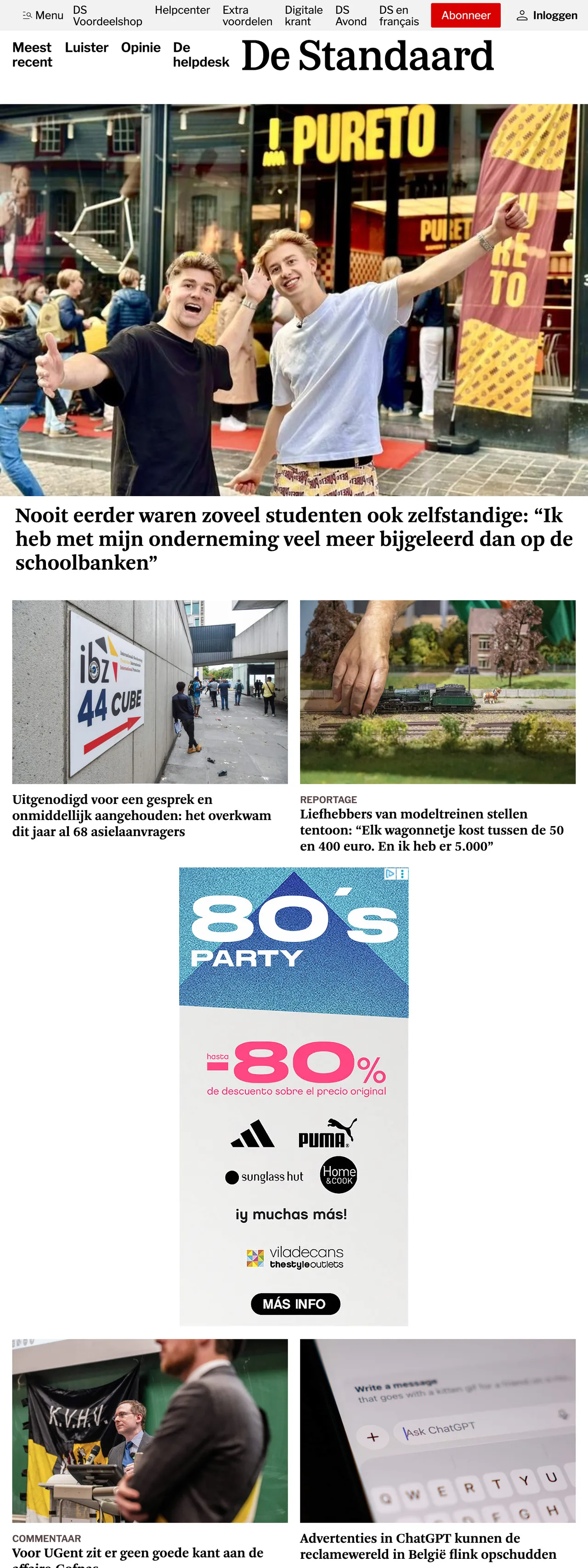 Screenshot of the De Standaard front page