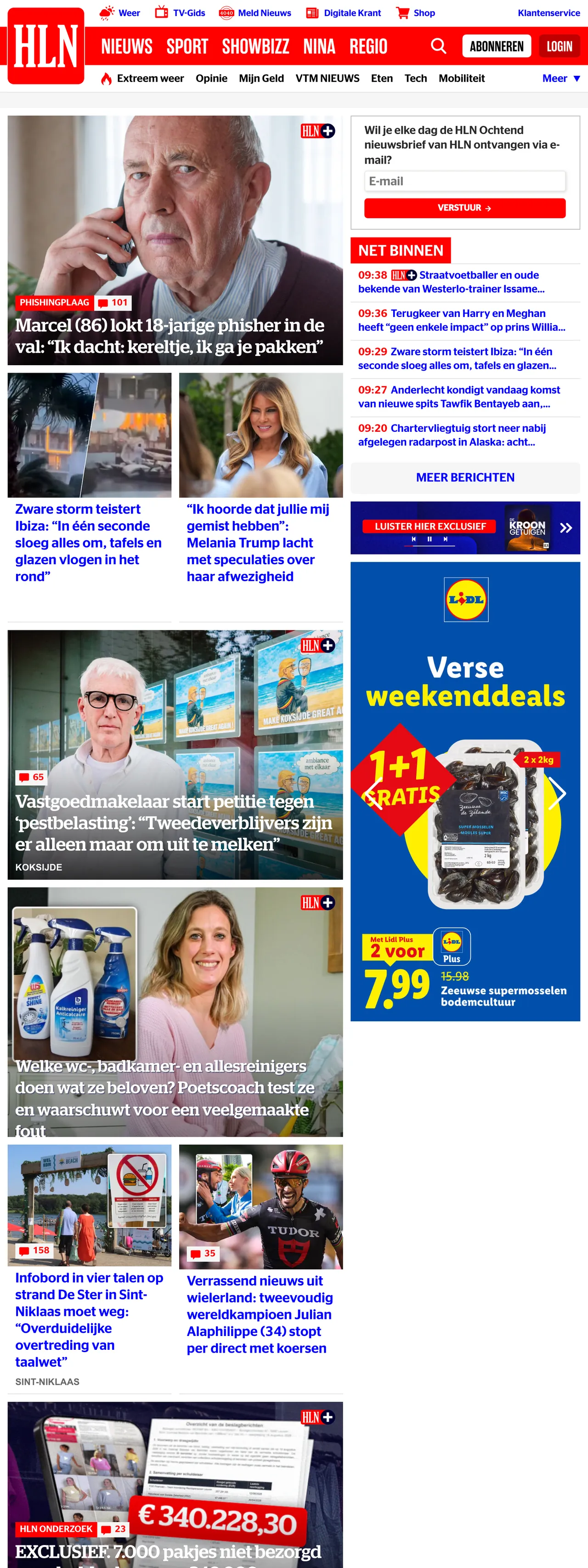 Screenshot of the HLN front page
