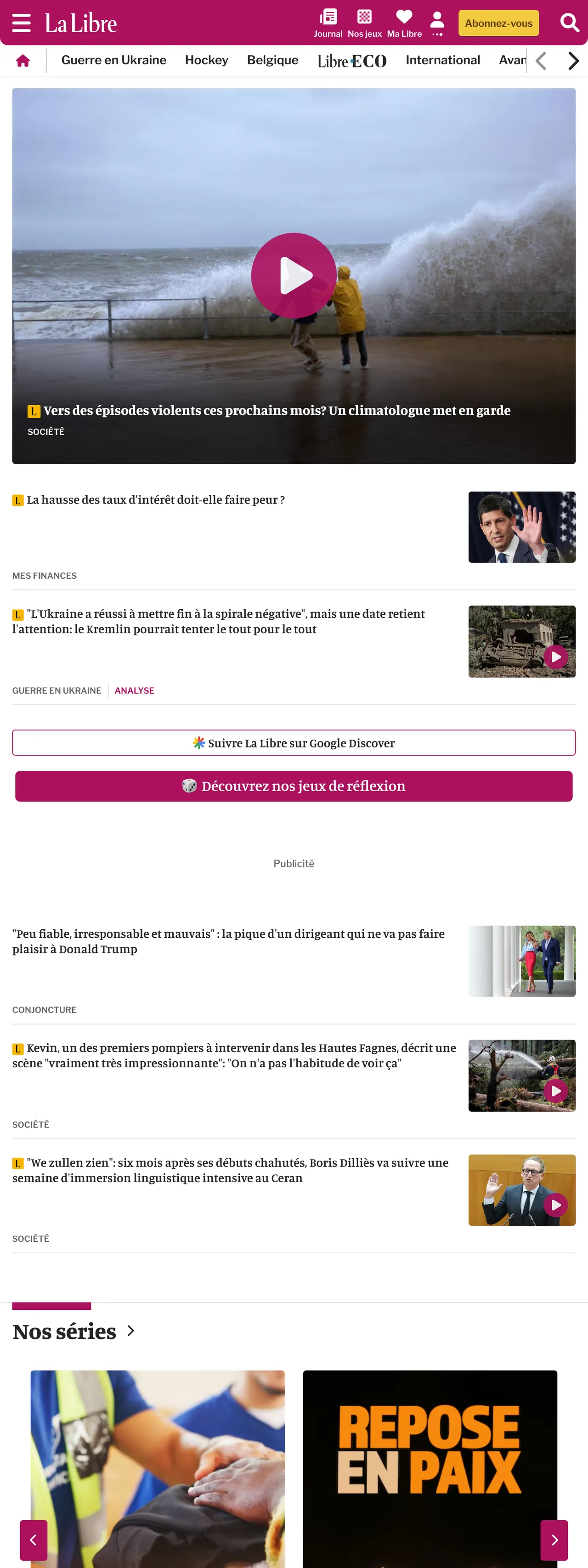 Screenshot of the La Libre front page