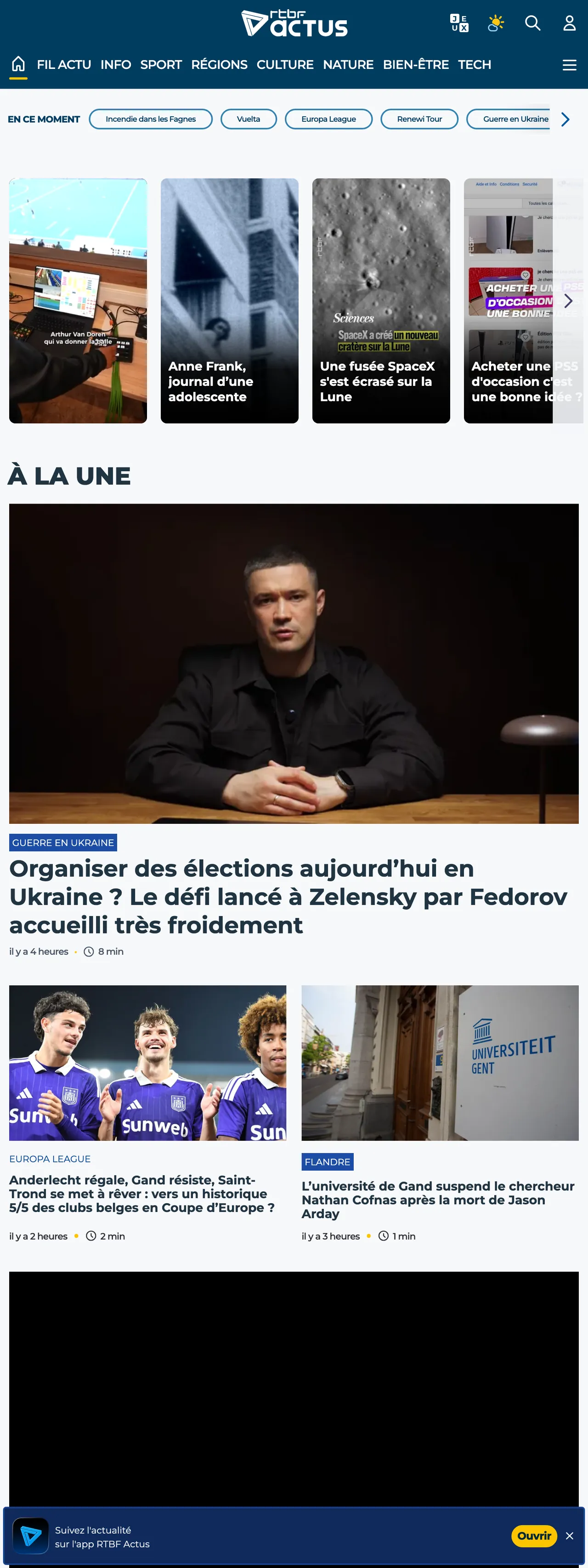 Screenshot of the RTBF front page