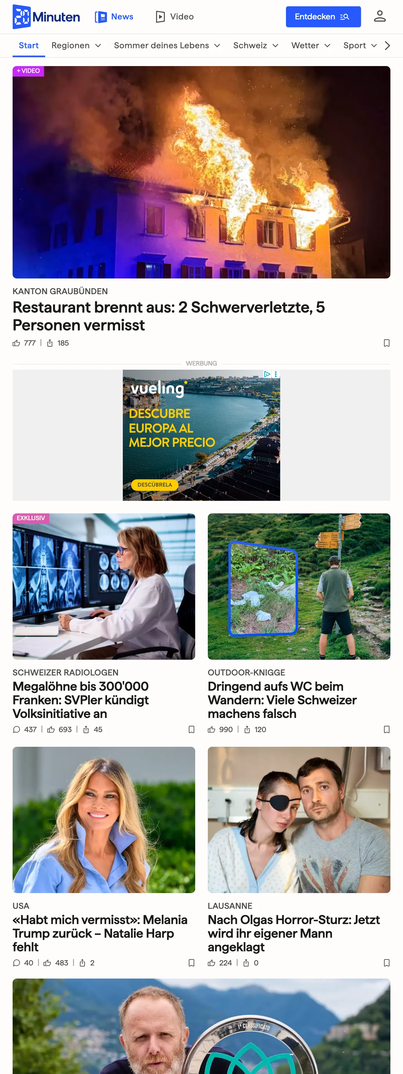 Screenshot of the 20 Minuten front page