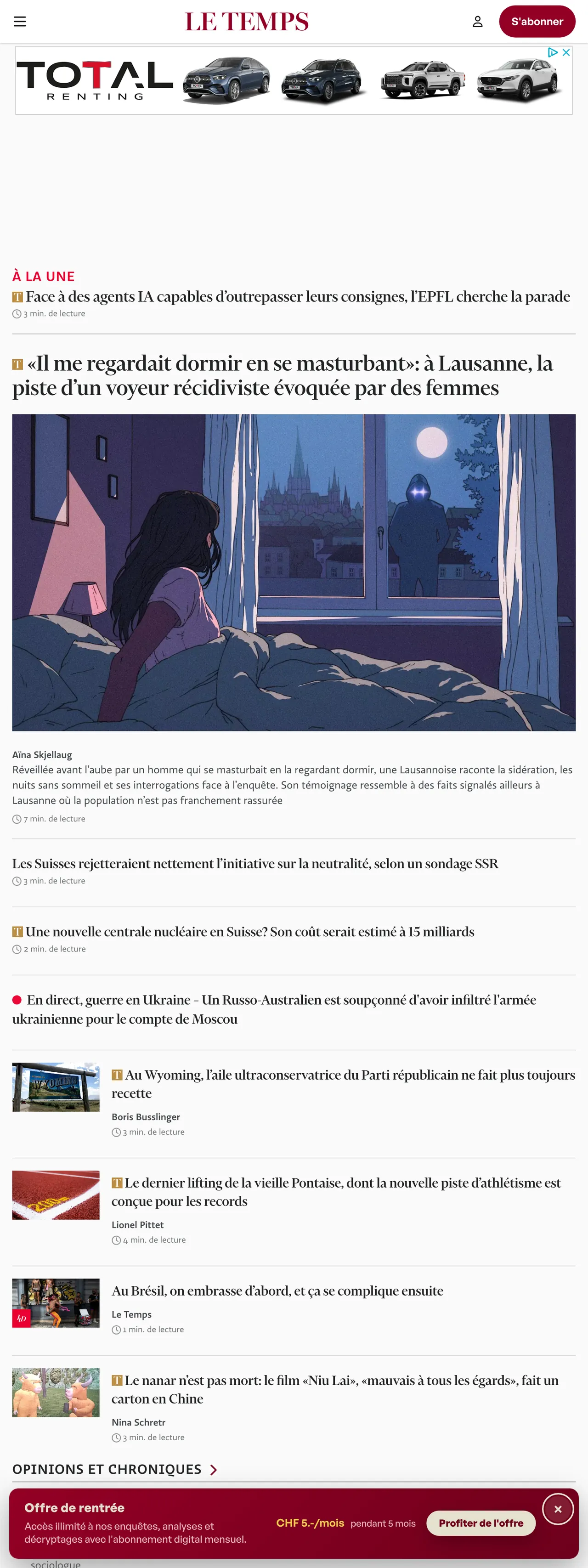Screenshot of the Le Temps front page