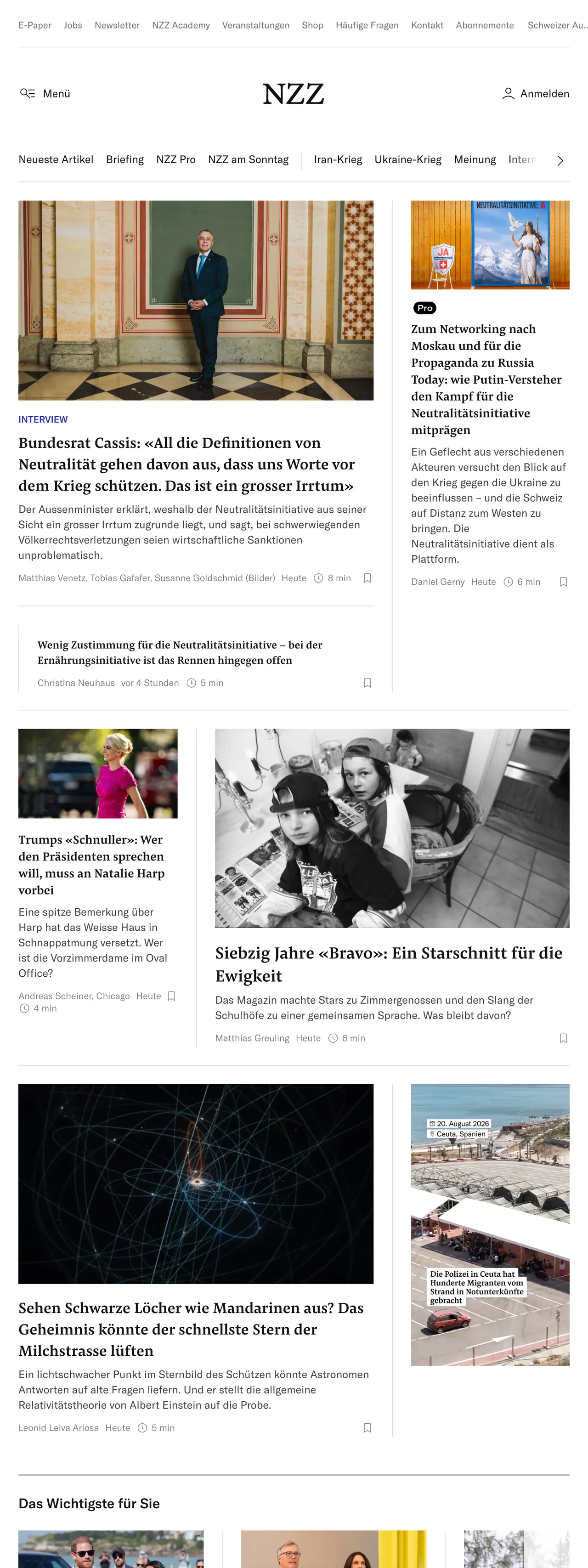 Screenshot of the Neue Zürcher Zeitung front page