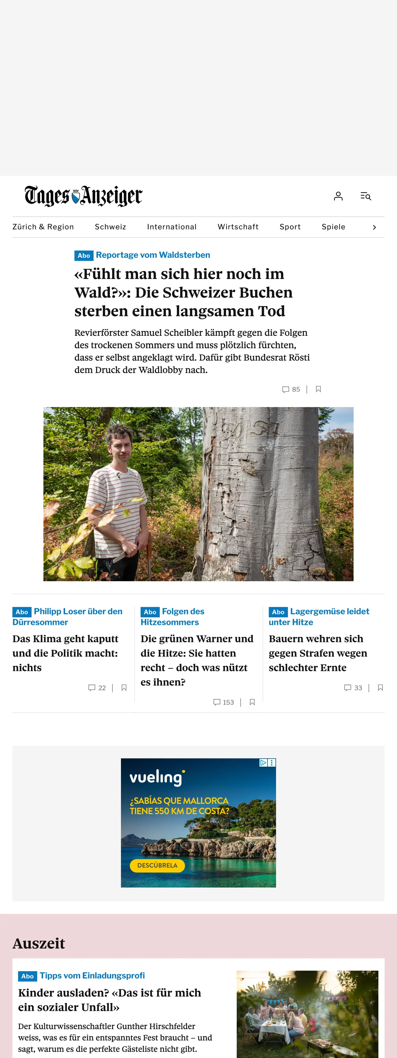 Screenshot of the Tages-Anzeiger front page