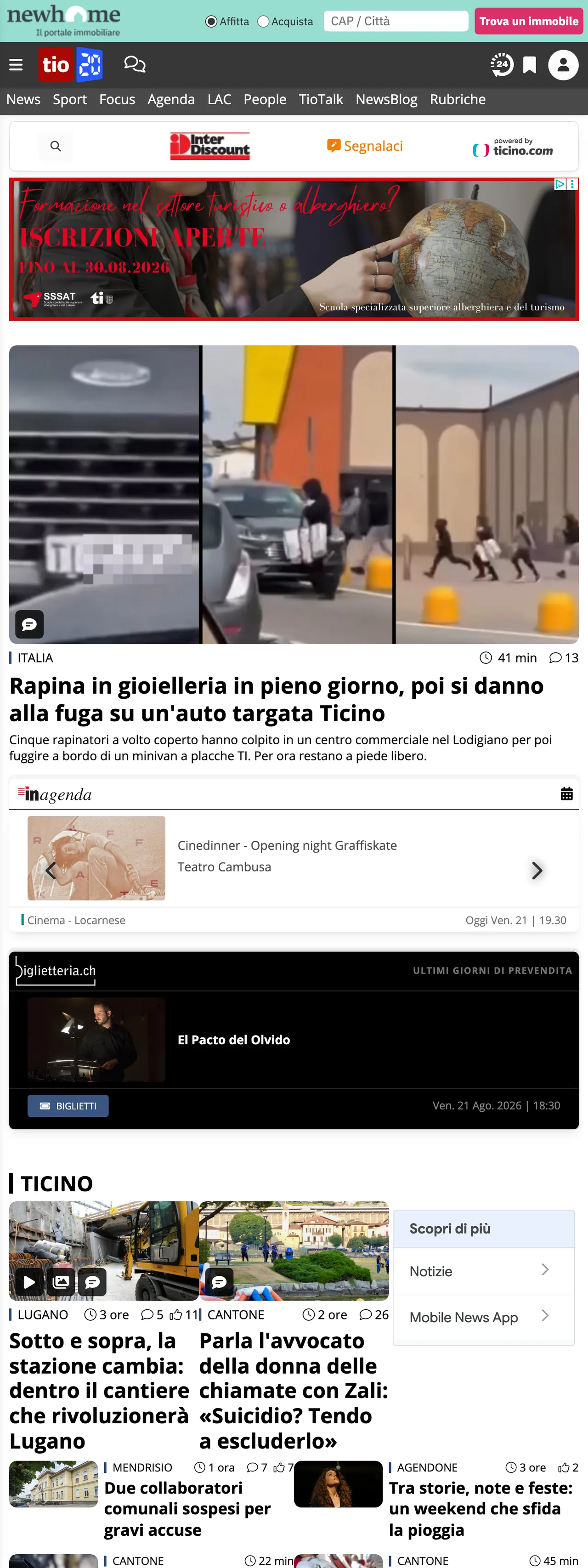 Screenshot of the Ticinonline front page