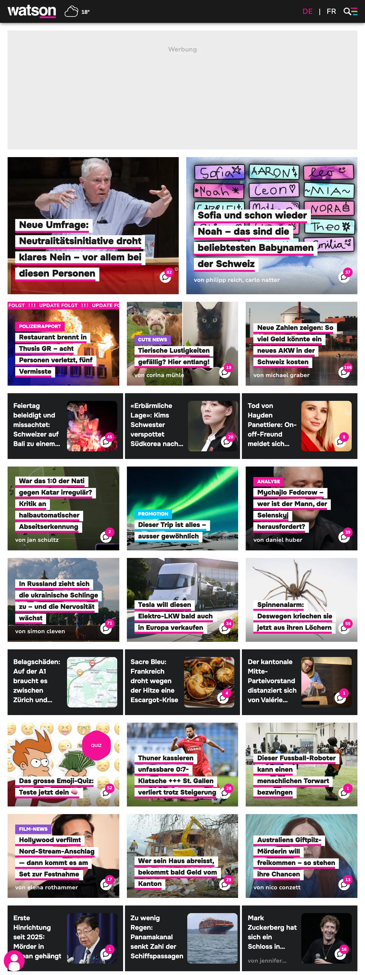 Screenshot of the watson front page
