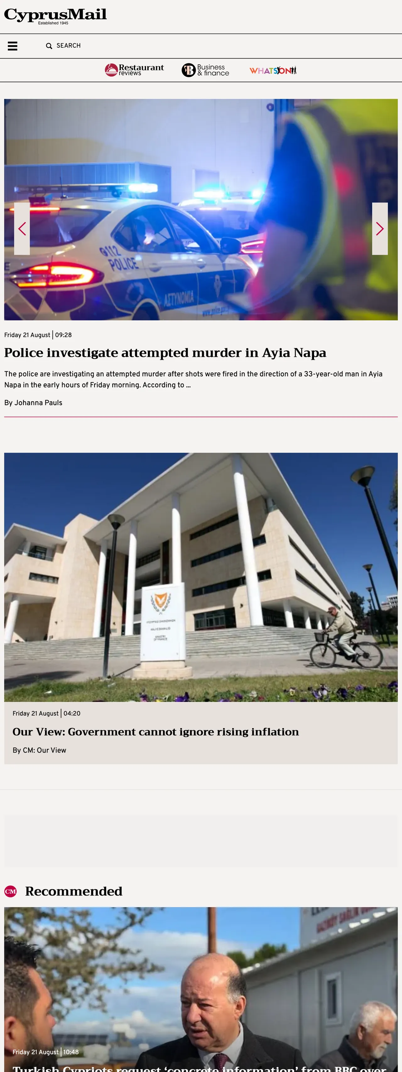 Screenshot of the Cyprus Mail front page