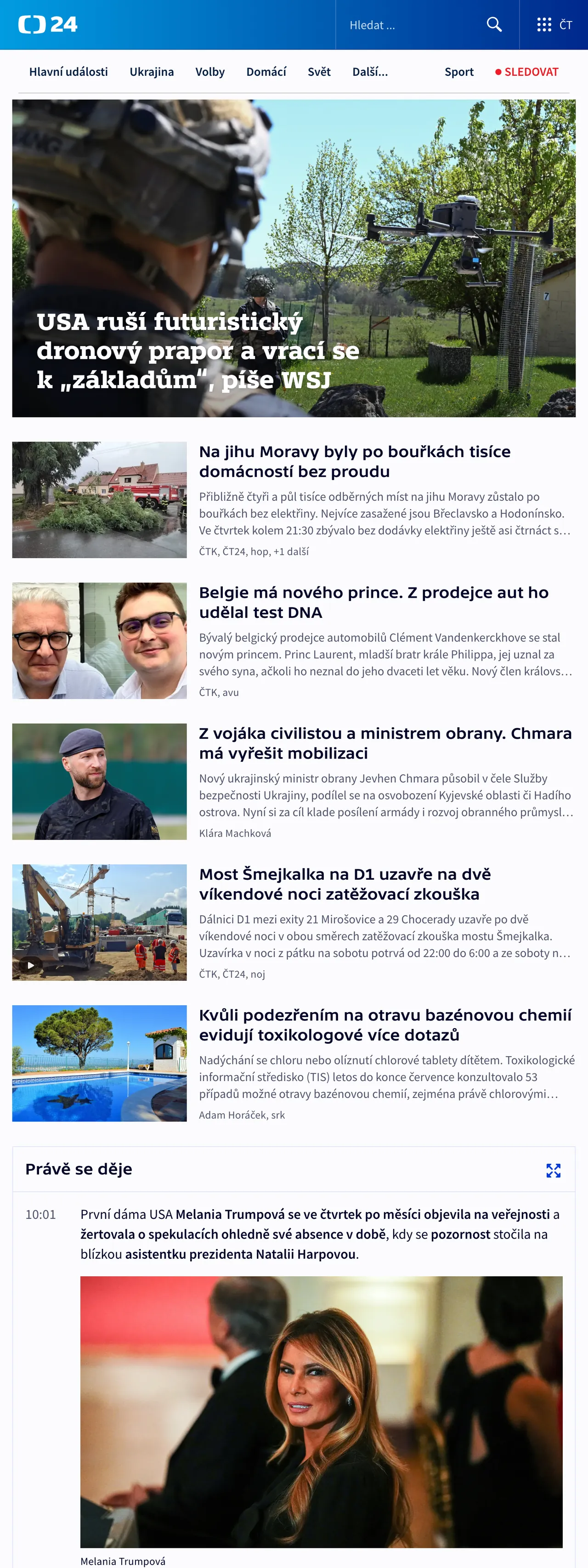 Screenshot of the ČT24 front page