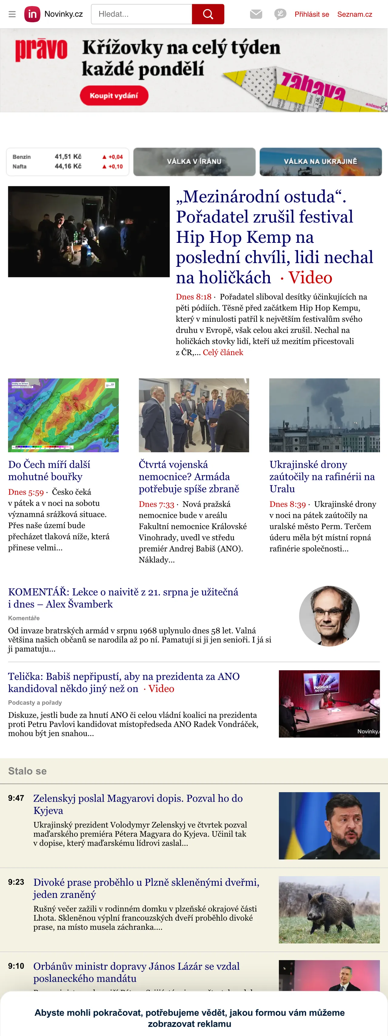 Screenshot of the Novinky.cz front page