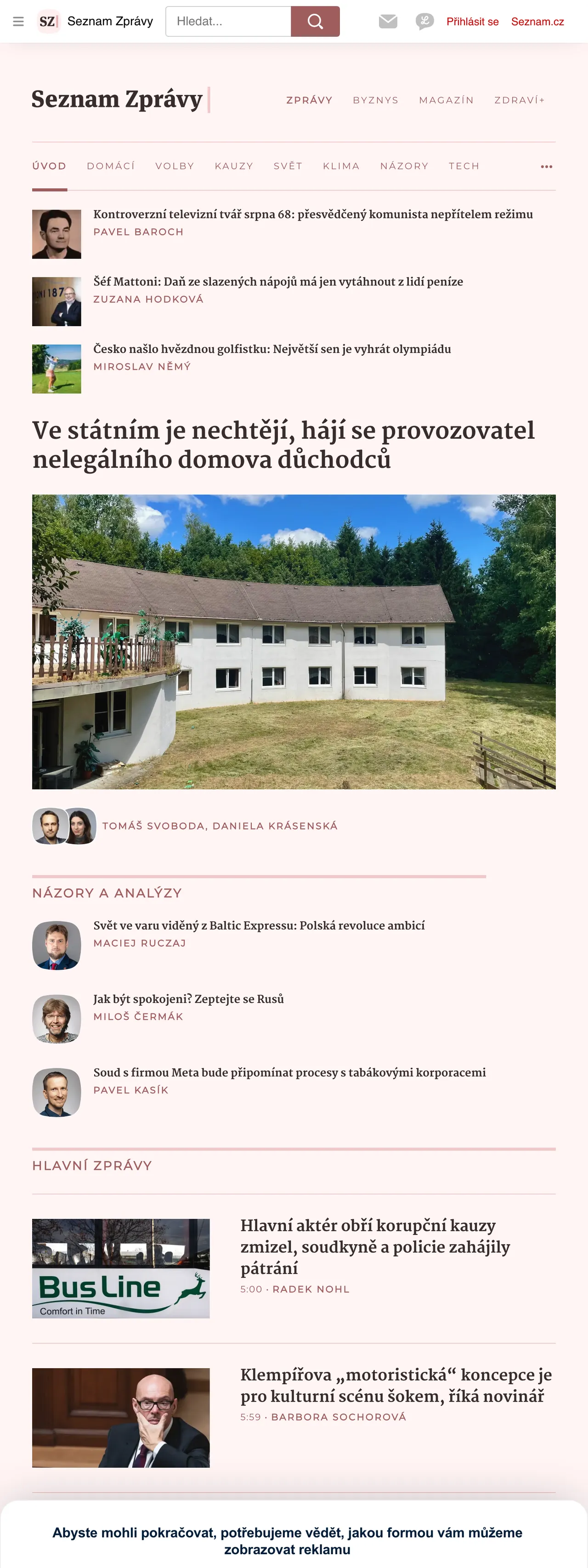 Screenshot of the Seznam Zprávy front page