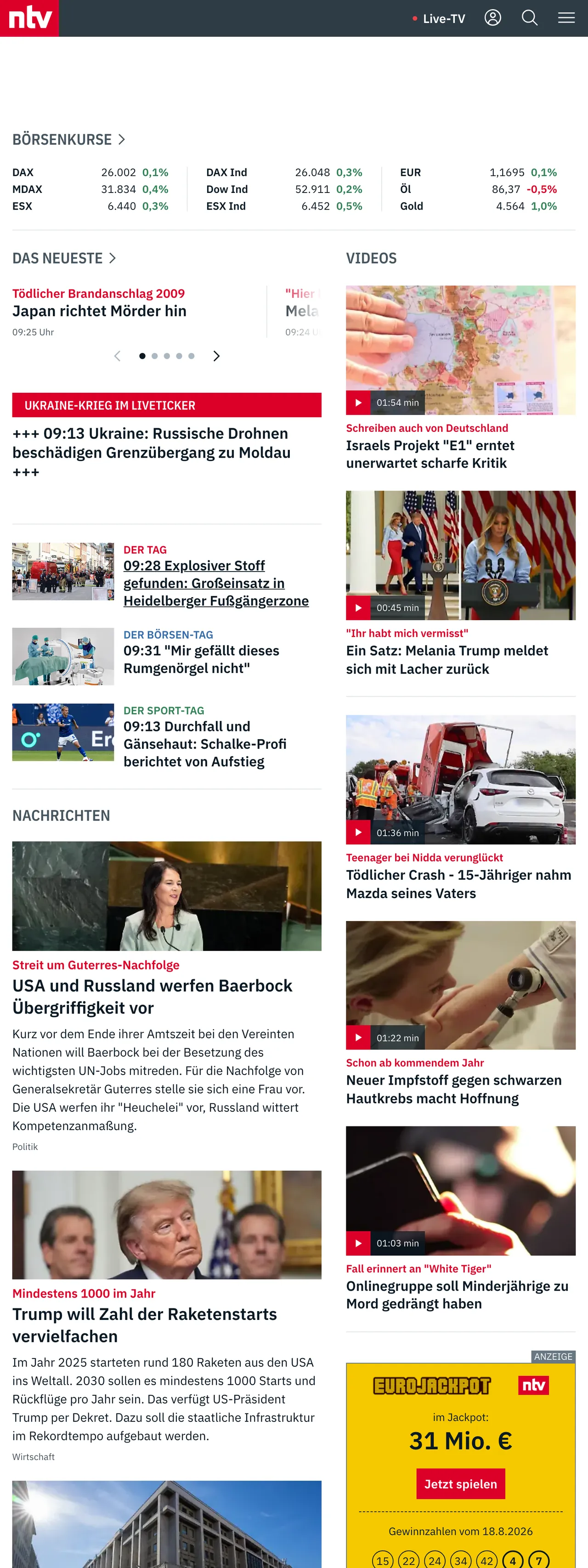 Screenshot of the n-tv front page