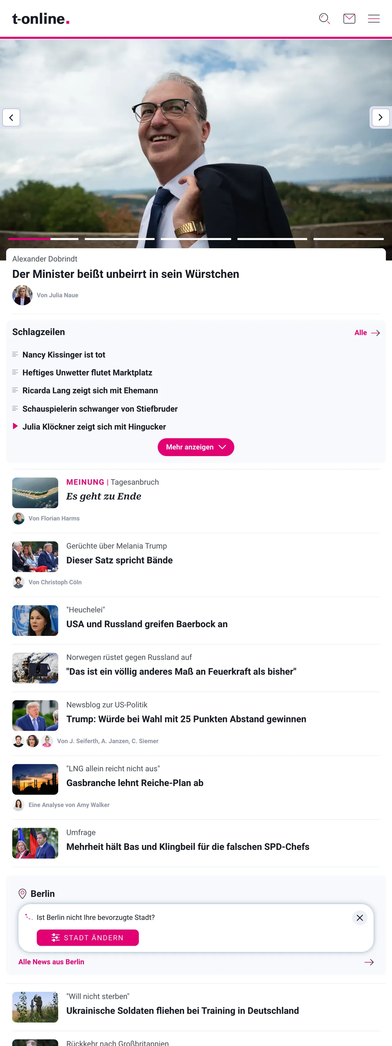 Screenshot of the t-online front page