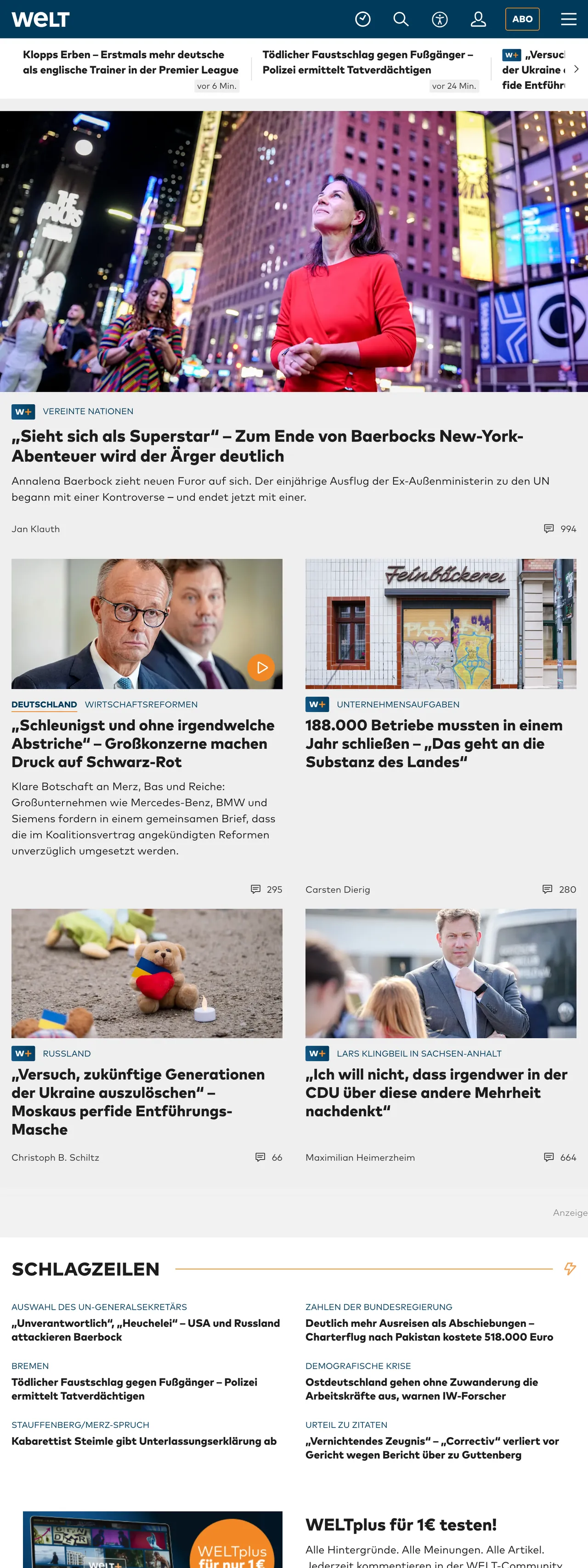 Screenshot of the WELT front page