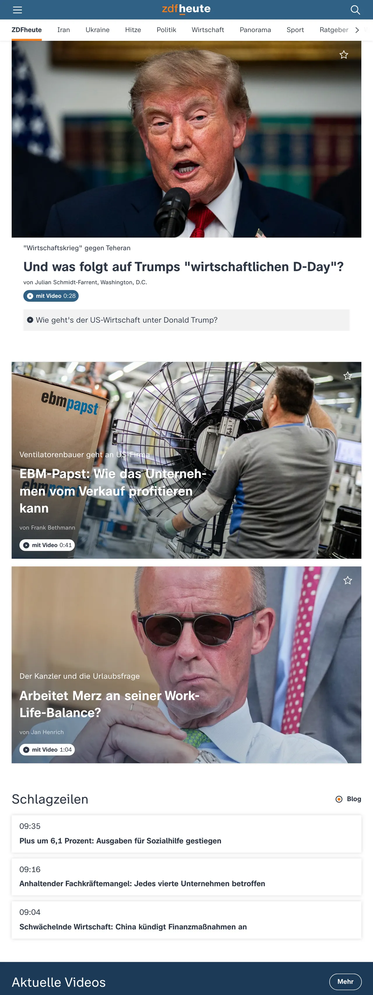 Screenshot of the ZDFheute front page