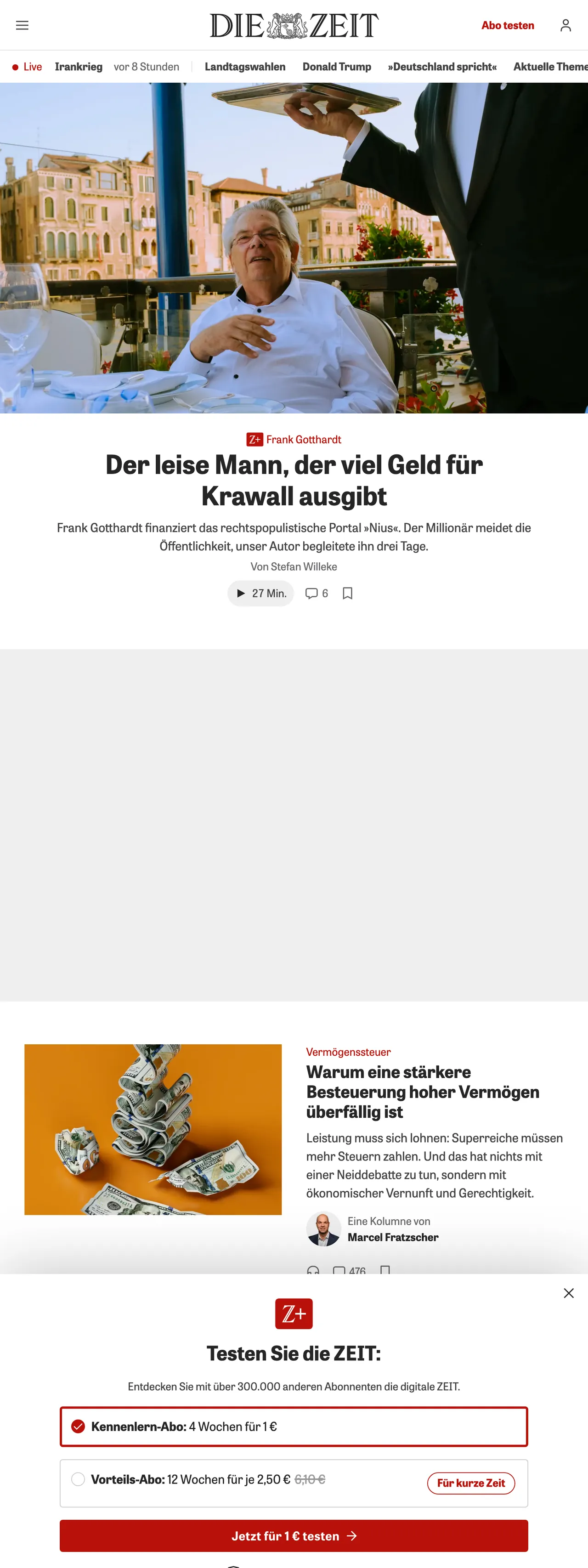 Screenshot of the ZEIT ONLINE front page