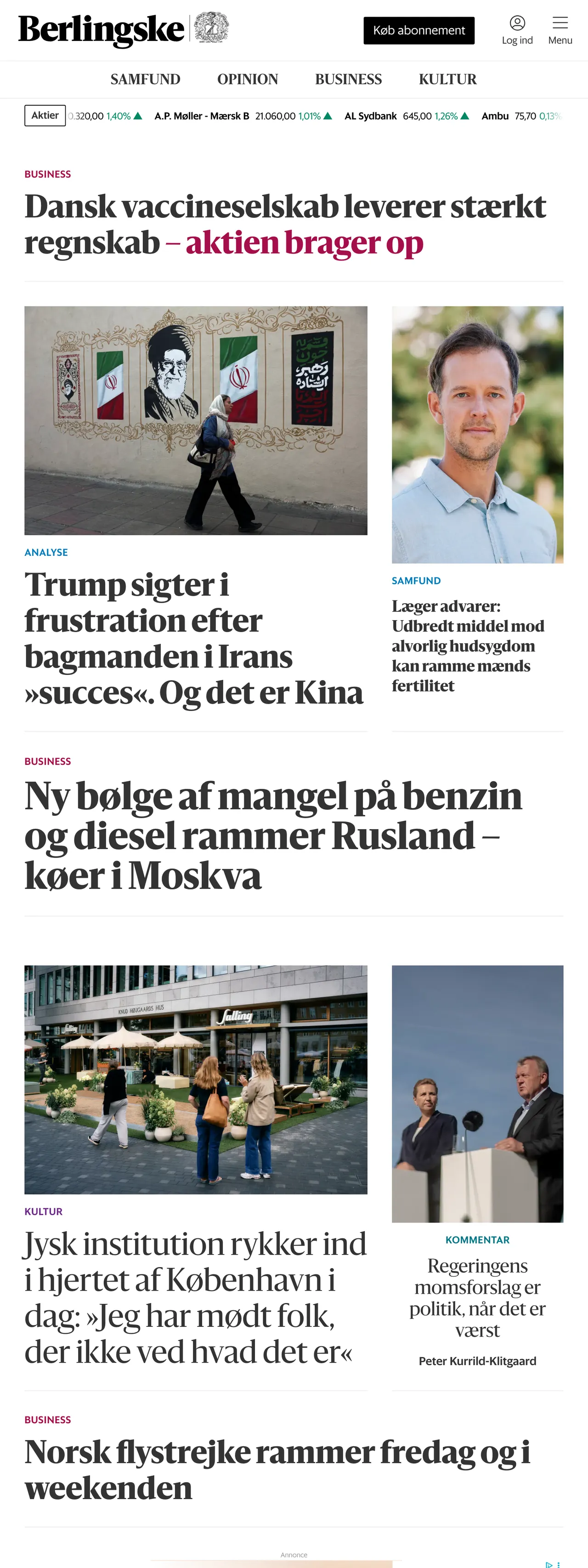 Screenshot of the Berlingske front page