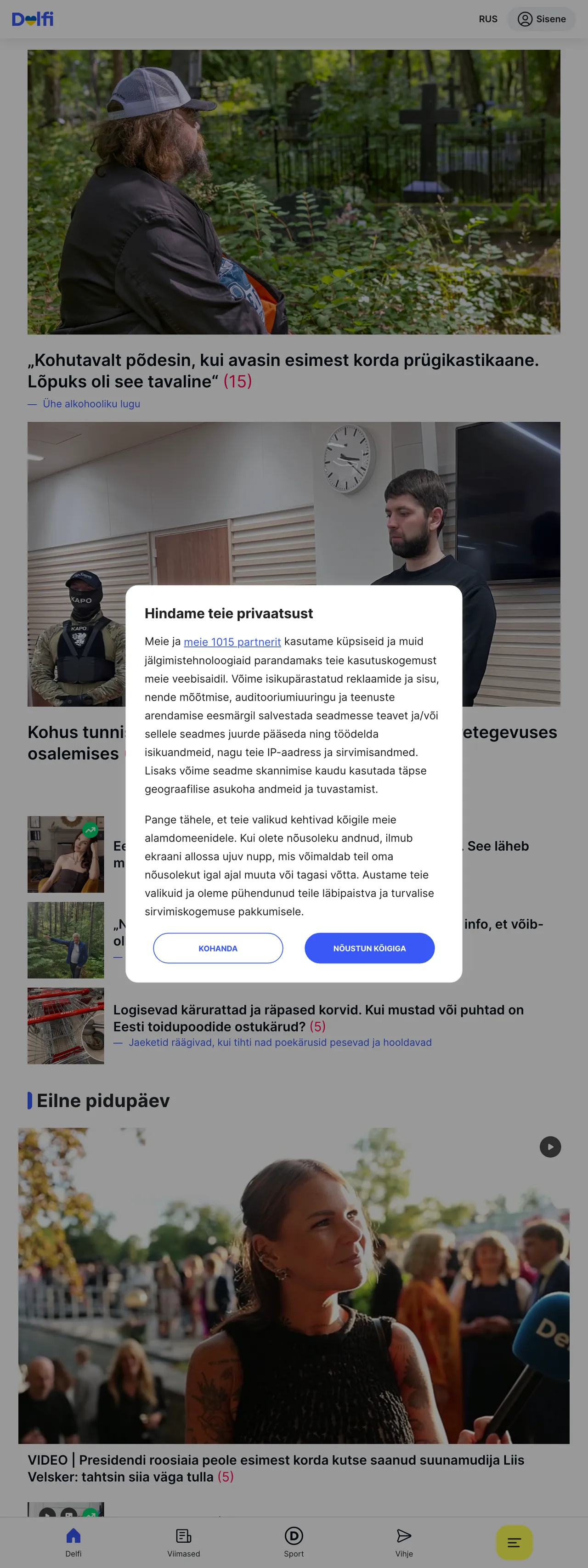 Screenshot of the Delfi front page
