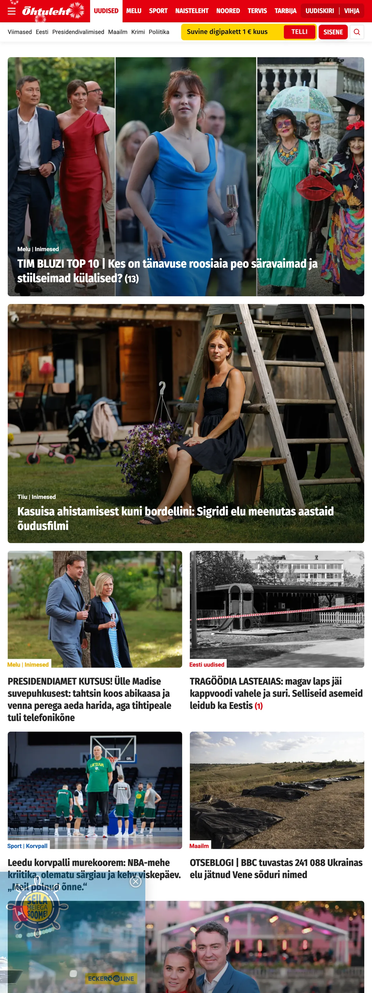 Screenshot of the Õhtuleht front page