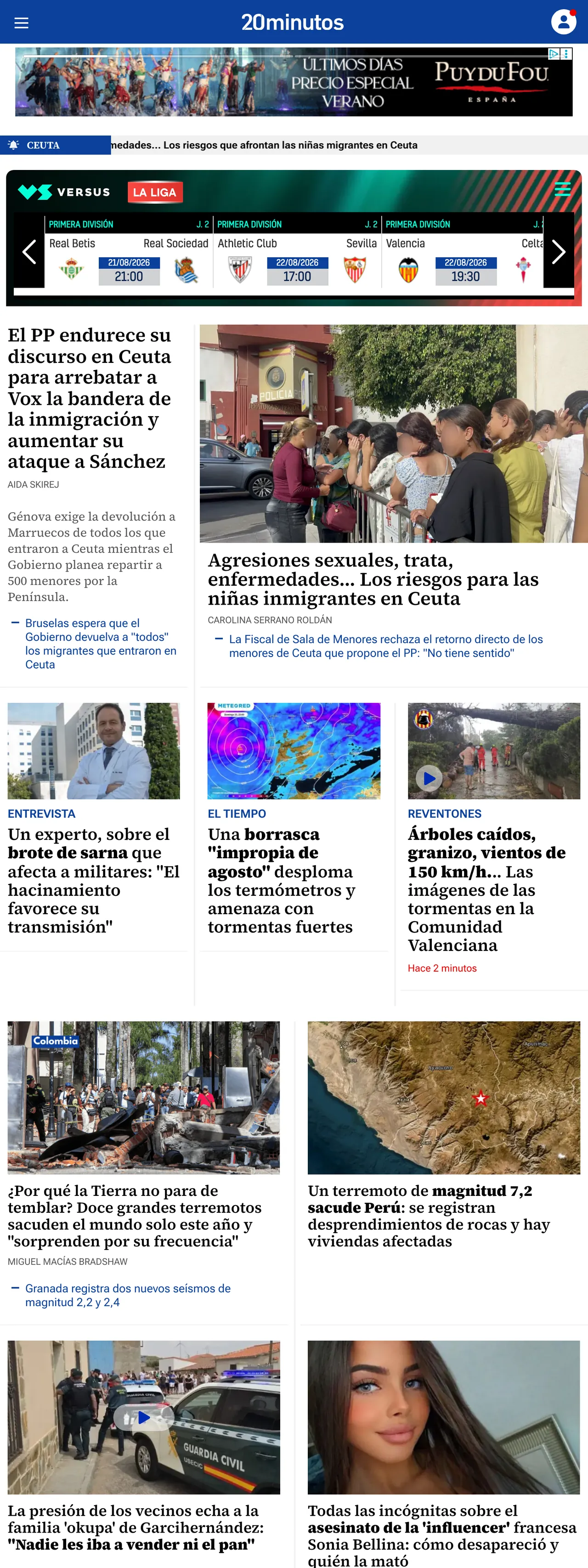 Screenshot of the 20minutos front page