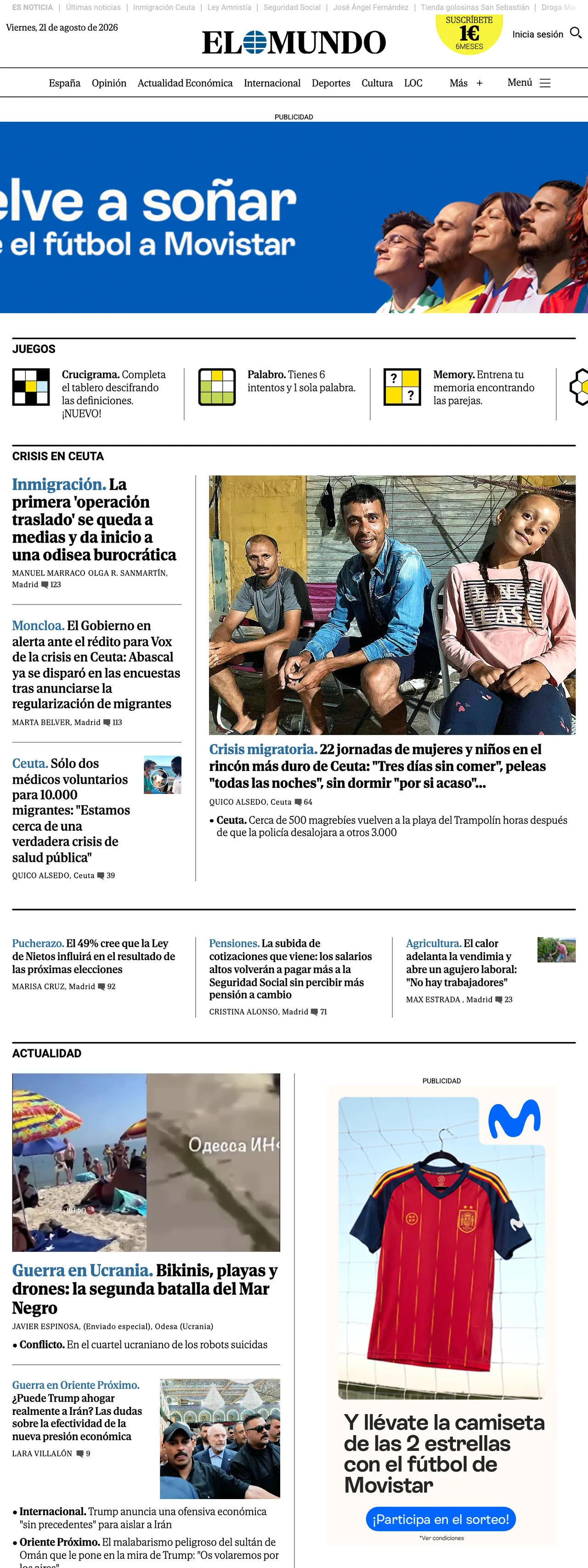 Screenshot of the El Mundo front page