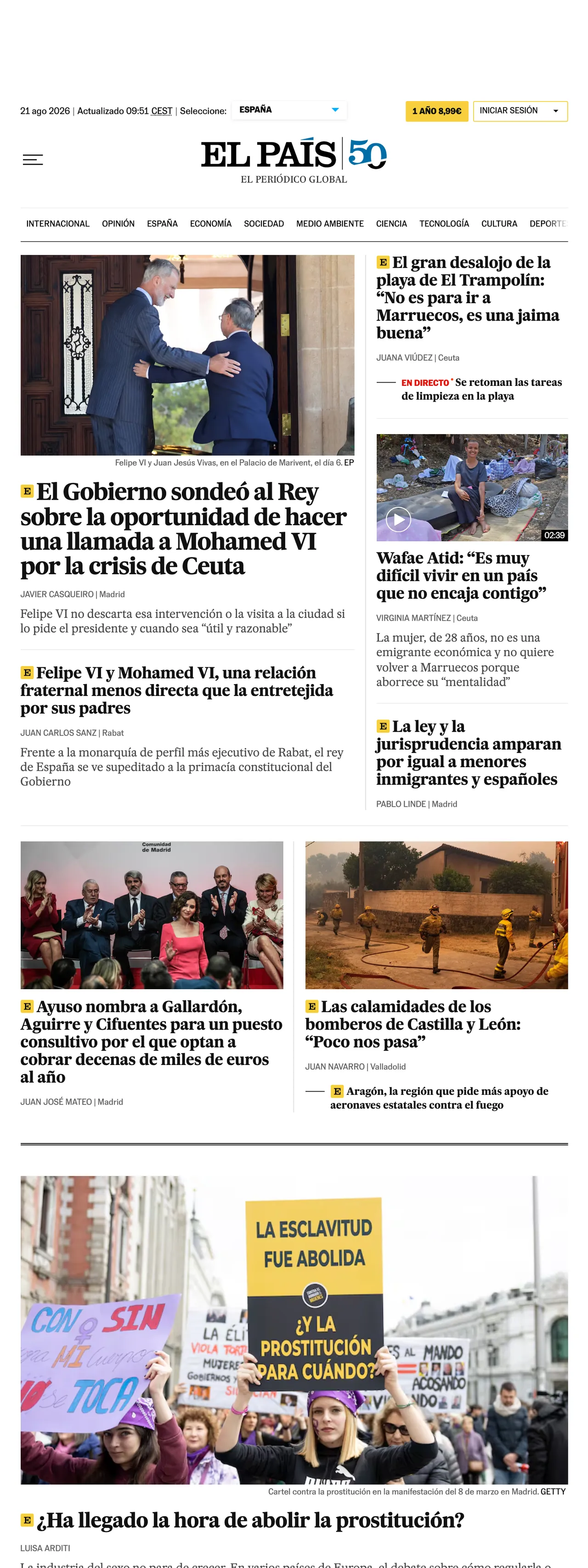 Screenshot of the EL PAÍS front page