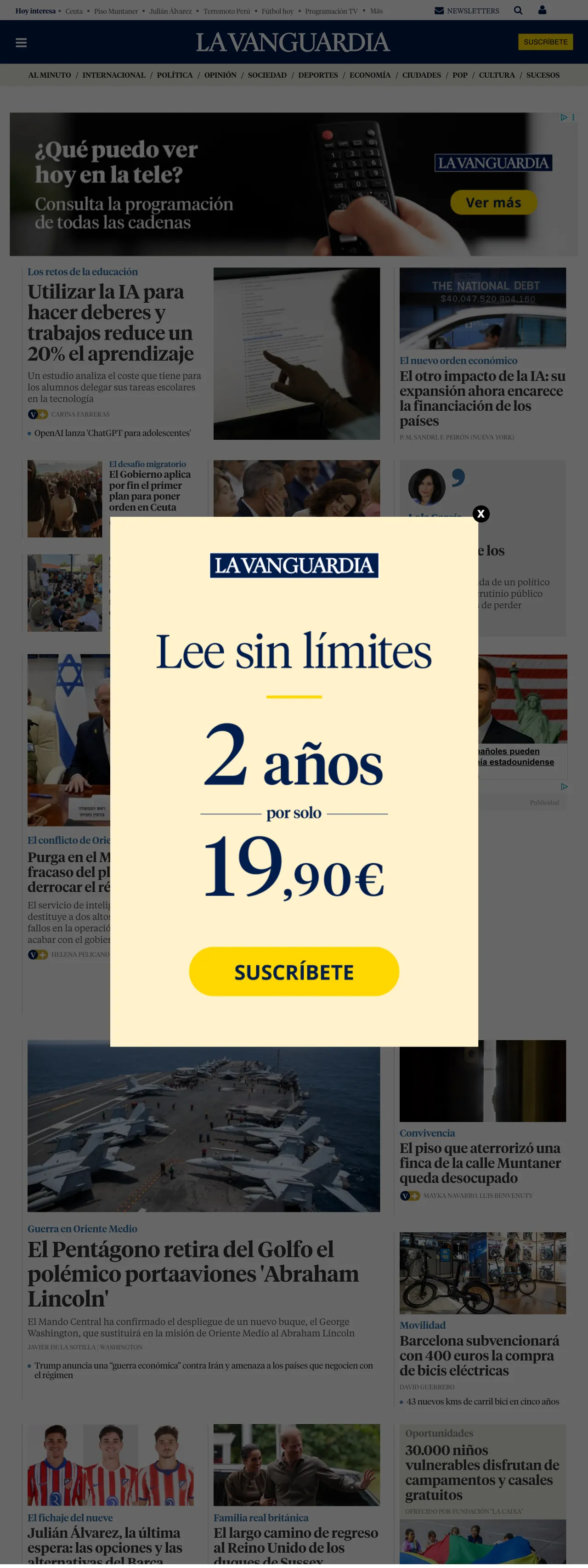 Screenshot of the La Vanguardia front page