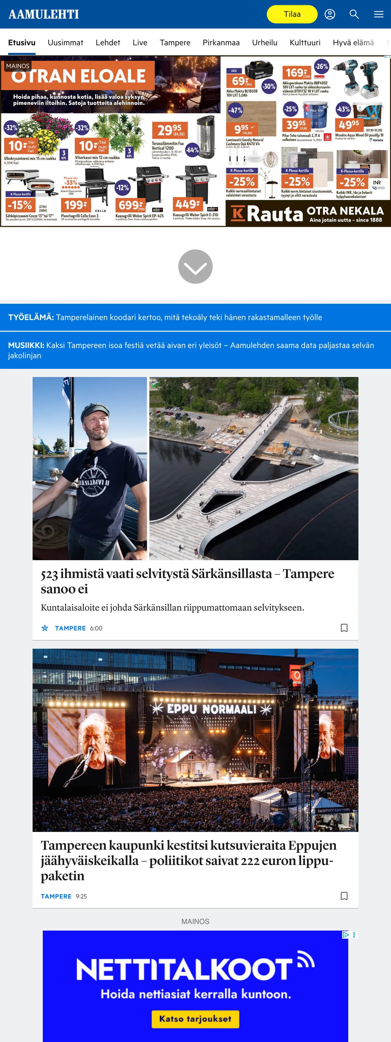 Screenshot of the Aamulehti front page